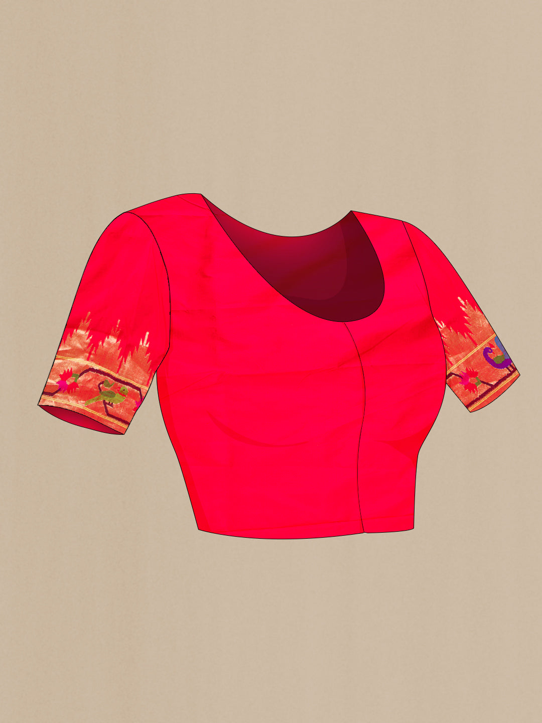 Close up image of the blouse of Red Dual Tone Paithani Silk Saree with Zari Butta on the body and Paithani Border. 