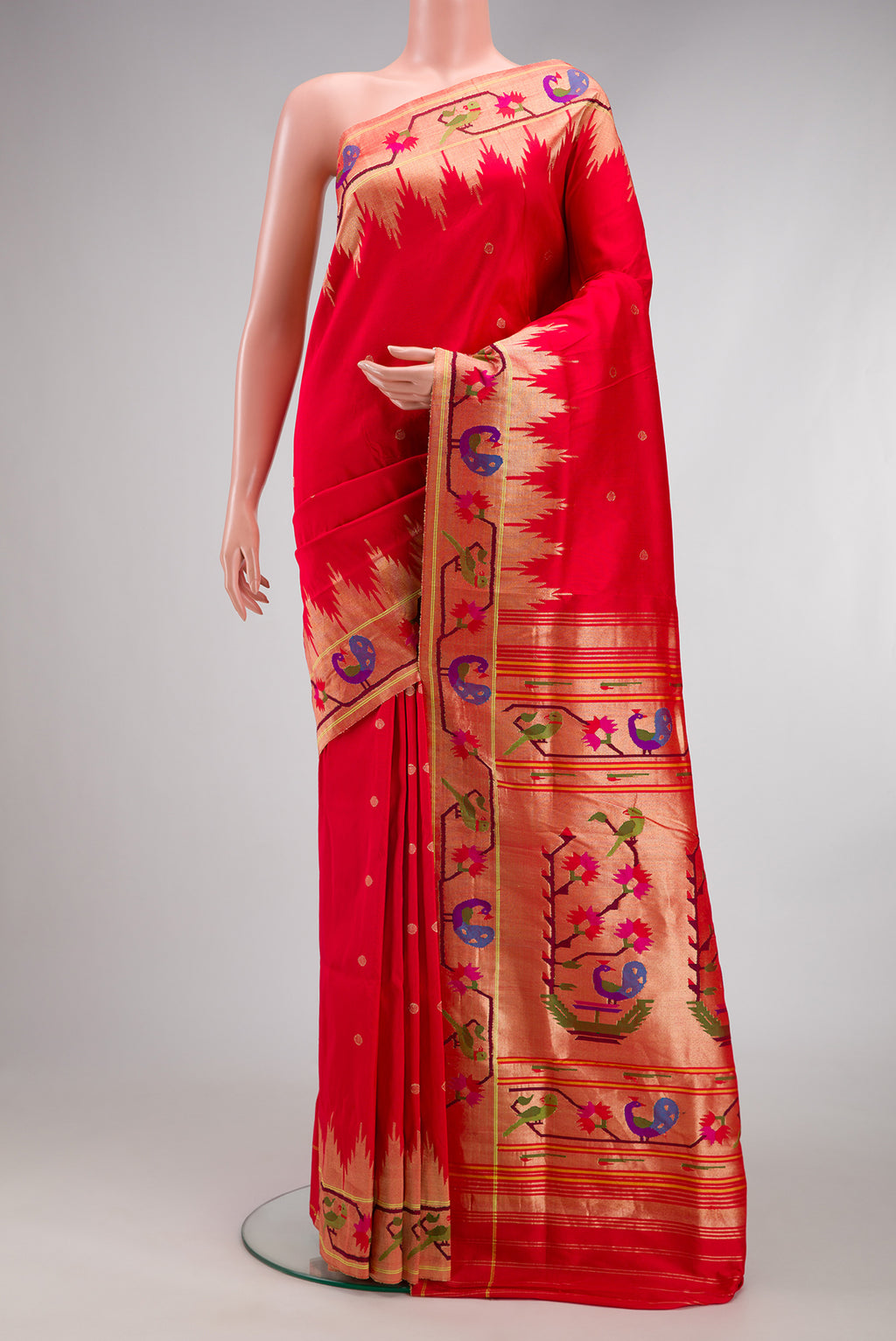 Red Dual Tone Paithani Silk Saree with Zari Butta on the body and Paithani Border.  displayed on a mannequin