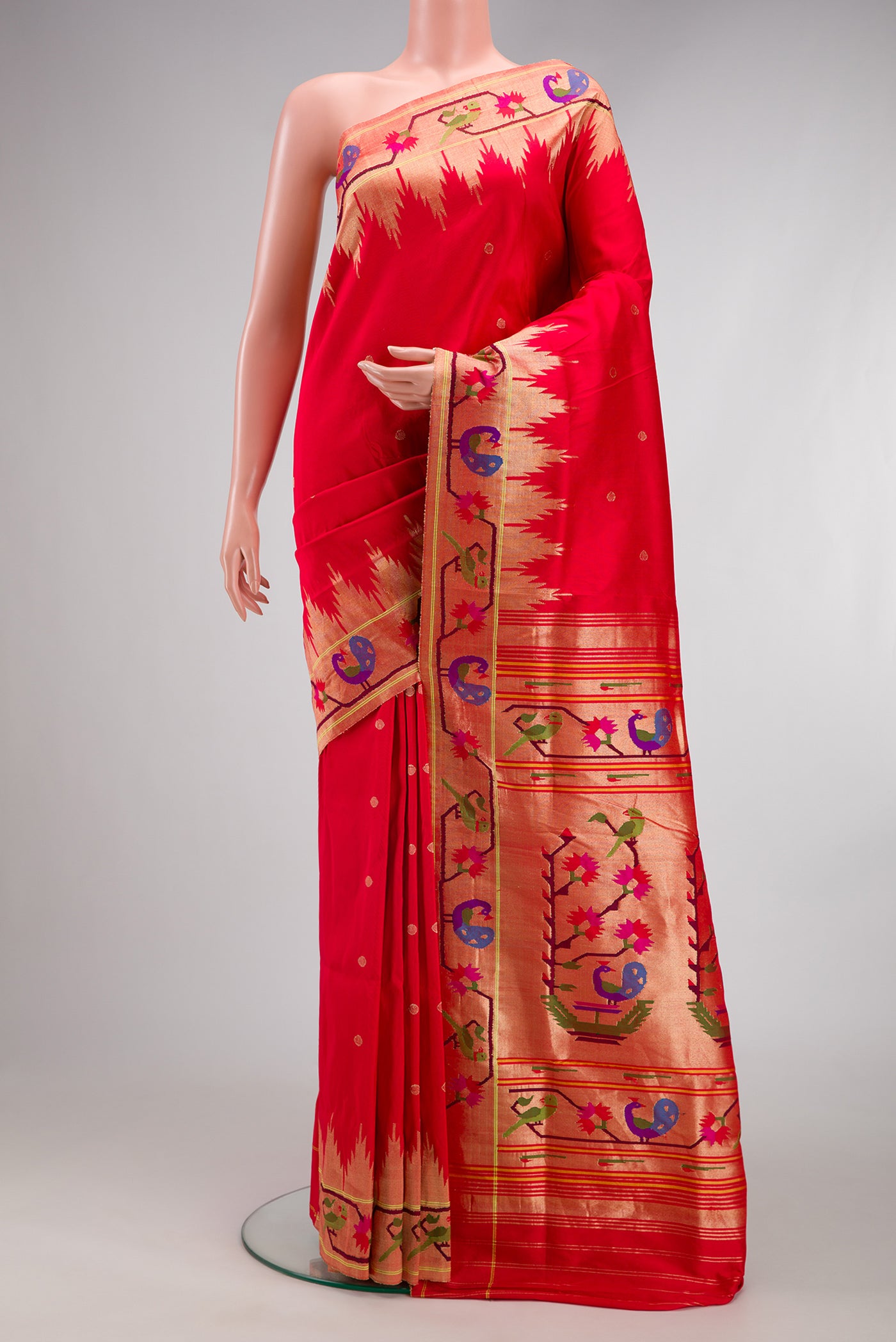Red Dual Tone Paithani Silk Saree with Zari Butta on the body and Paithani Border.  displayed on a mannequin