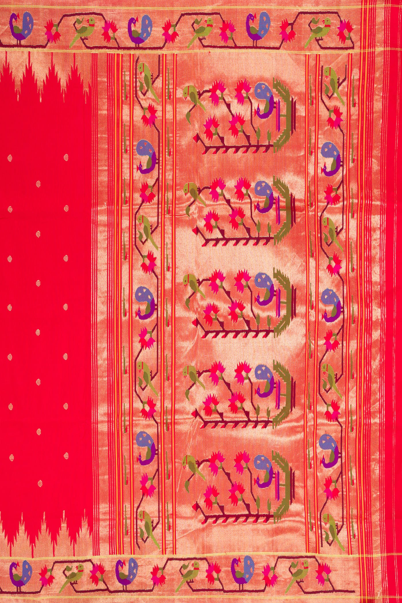 Close up image of the pallu of Red Dual Tone Paithani Silk Saree with Zari Butta on the body and Paithani Border. 