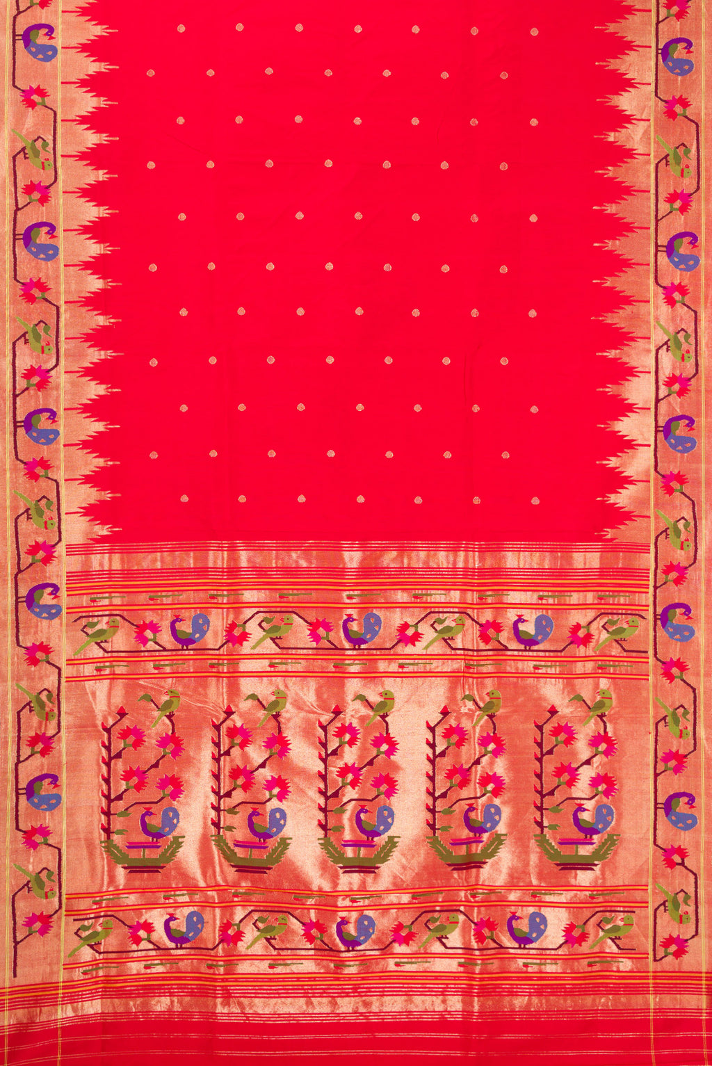 Flat view of Red Dual Tone Paithani Silk Saree with Zari Butta on the body and Paithani Border. 
