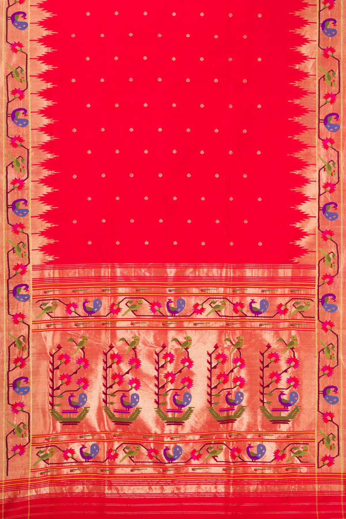 Flat view of Red Dual Tone Paithani Silk Saree with Zari Butta on the body and Paithani Border. 