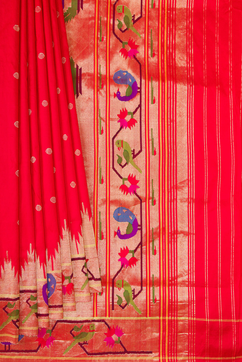 Pleats and pallu of Red Dual Tone Paithani Silk Saree with Zari Butta on the body and Paithani Border. 