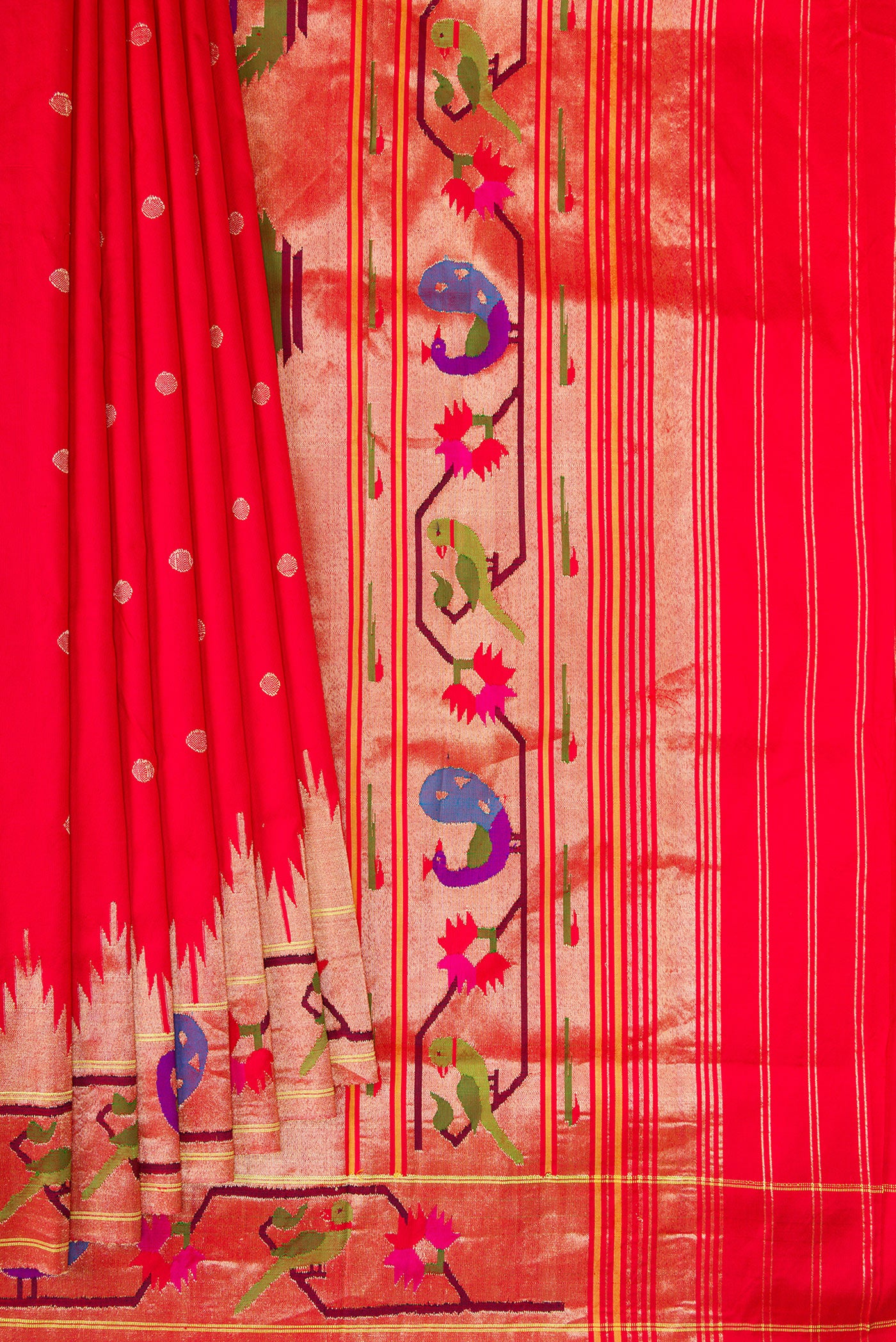 Pleats and pallu of Red Dual Tone Paithani Silk Saree with Zari Butta on the body and Paithani Border. 