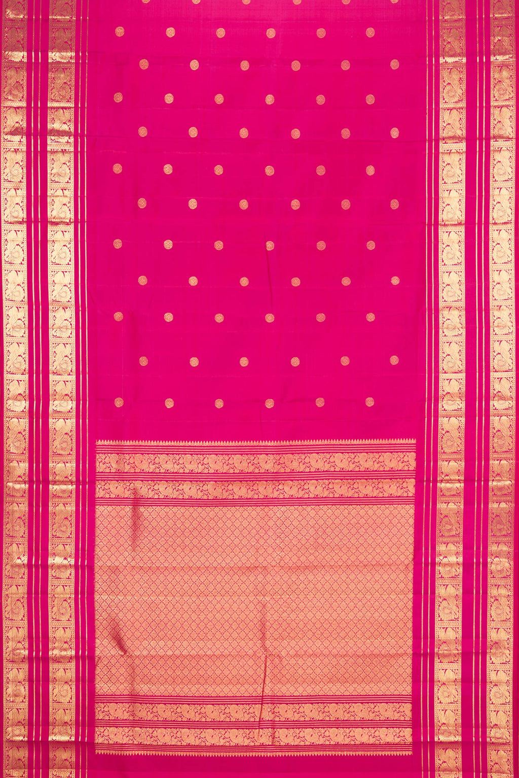 Flat view of Pure Silk Pink Kanjivaram Saree with Zari Butta on the body and Fancy Border. 