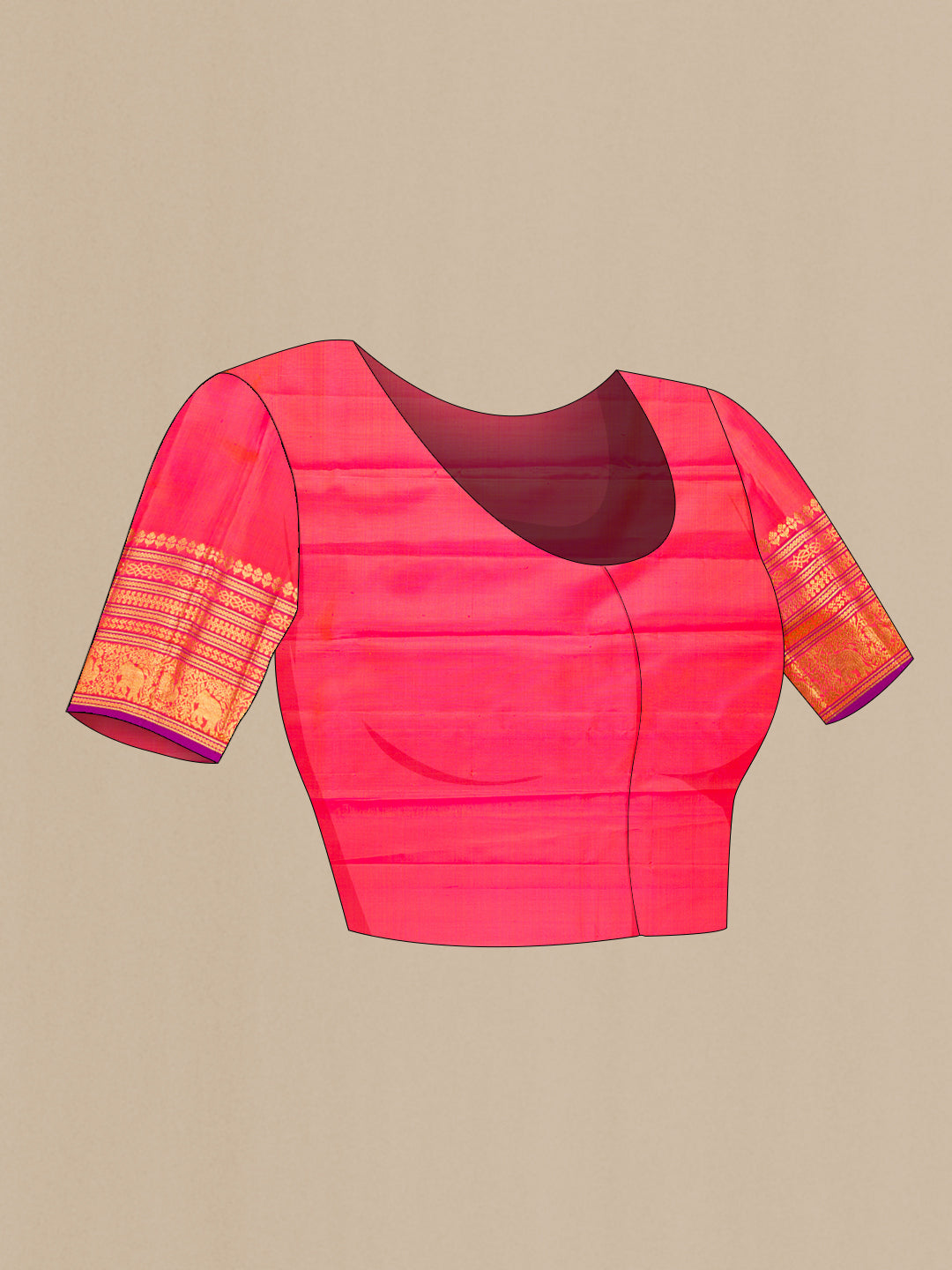 Close up image of the blouse of Pink with Orange Color Kanjivaram Silk Saree with Zari Butta on the body and Fancy Border. 