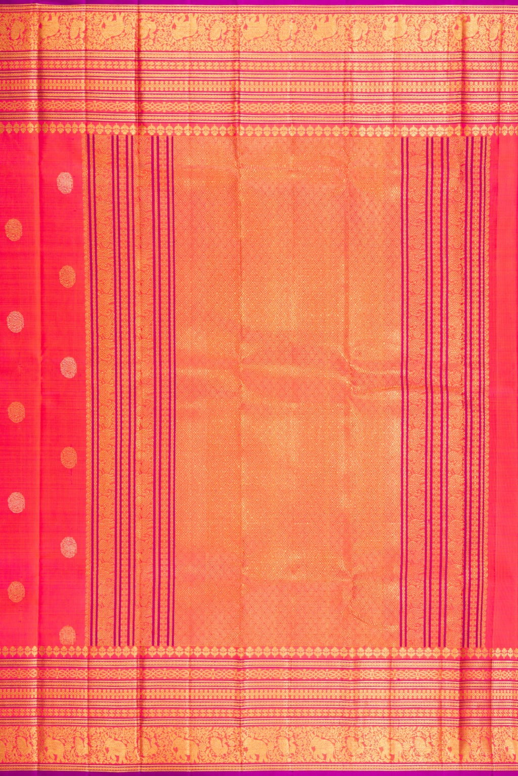 Close up image of the pallu of Pink with Orange Color Kanjivaram Silk Saree with Zari Butta on the body and Fancy Border. 
