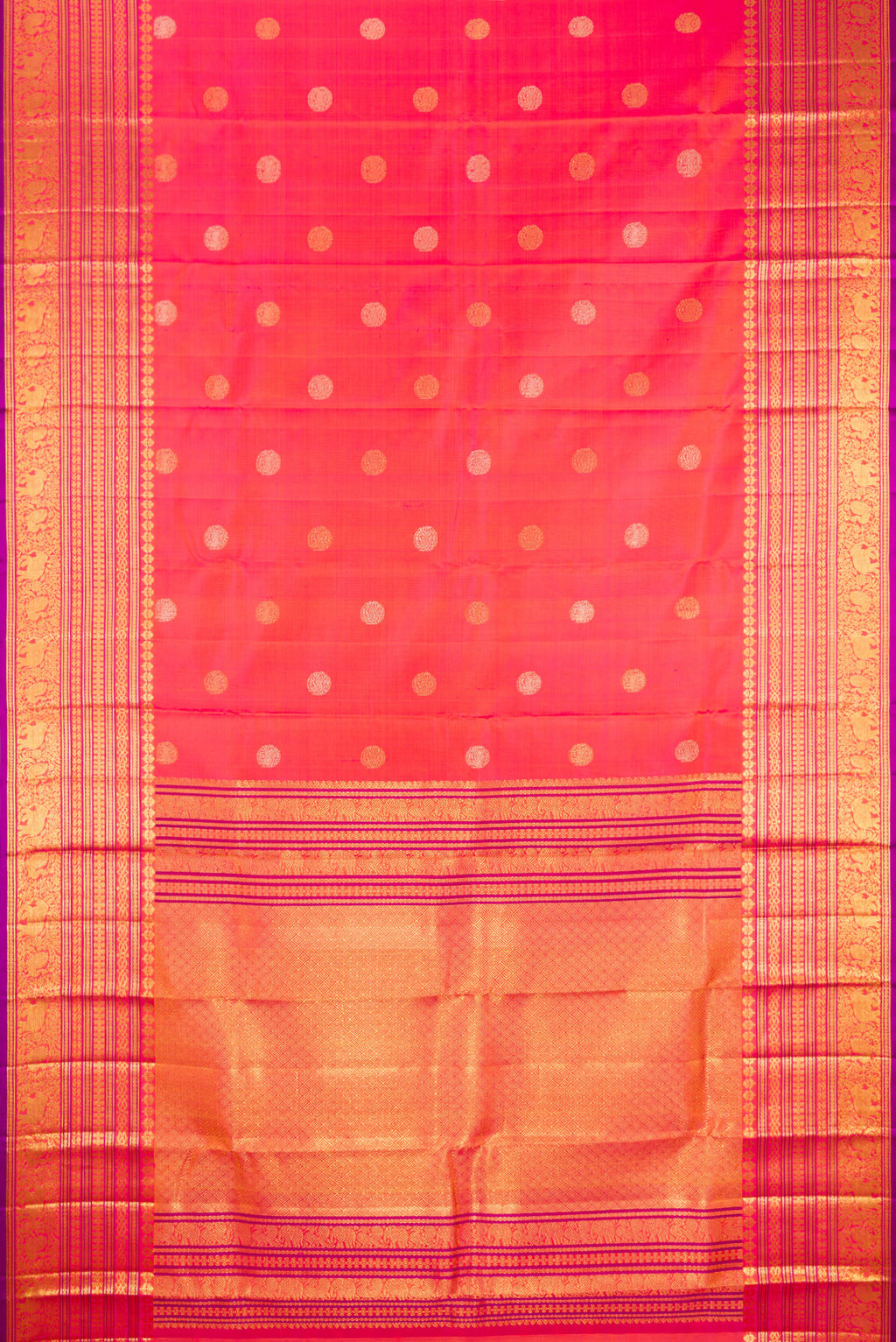 Flat view of Pink with Orange Color Kanjivaram Silk Saree with Zari Butta on the body and Fancy Border. 