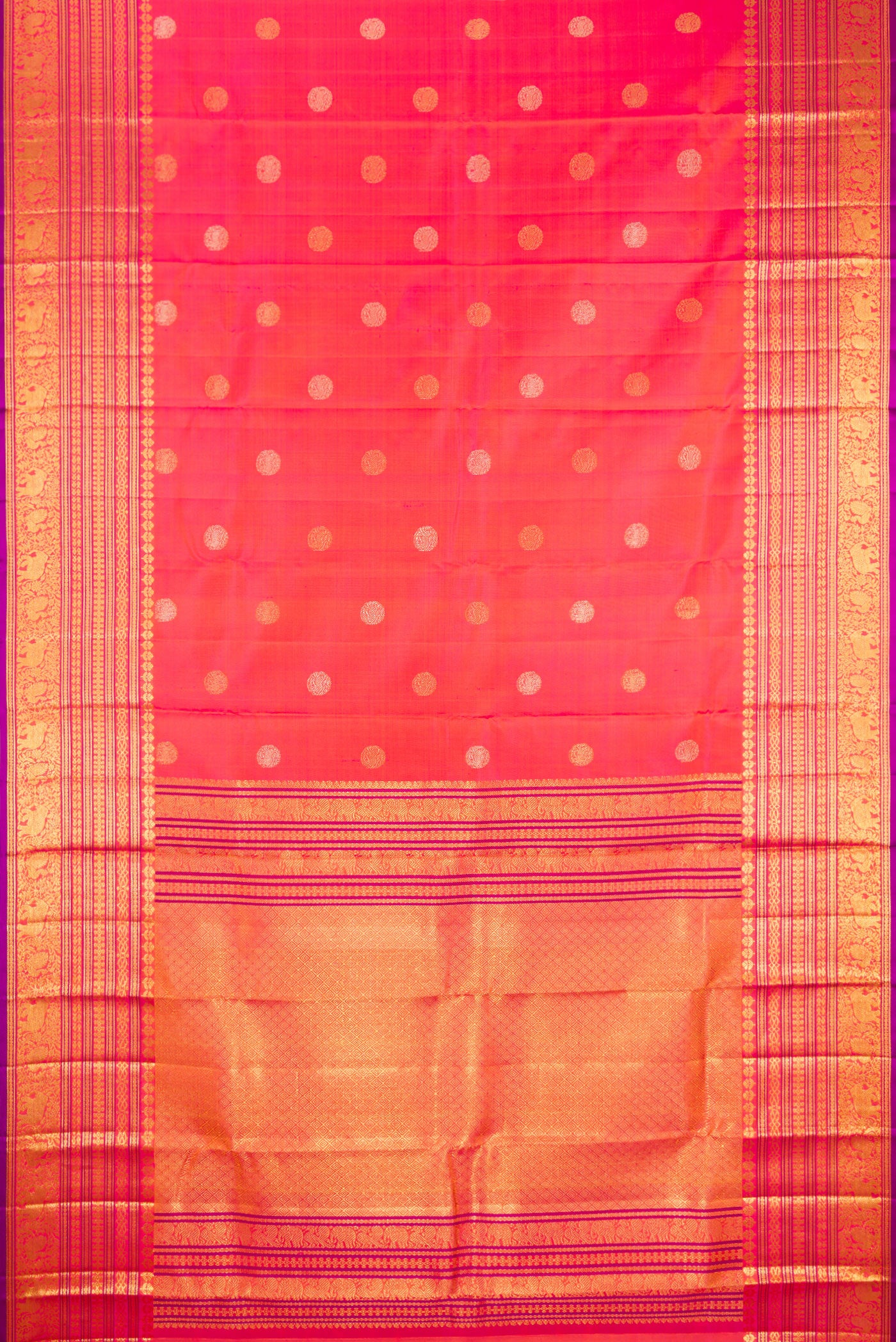 Flat view of Pink with Orange Color Kanjivaram Silk Saree with Zari Butta on the body and Fancy Border. 