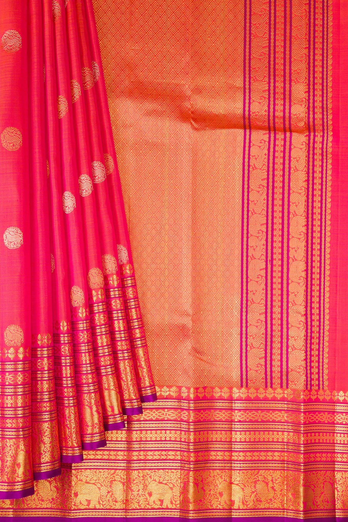 Pleats and pallu of Pink with Orange Color Kanjivaram Silk Saree with Zari Butta on the body and Fancy Border. 