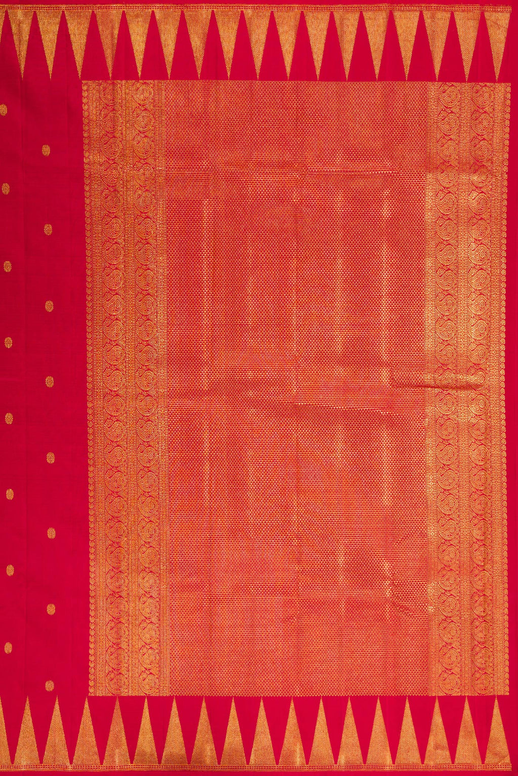 Close up image of the pallu of Pure Silk Red Kanjivaram Saree with Zari Butta on the body and Temple Border. 
