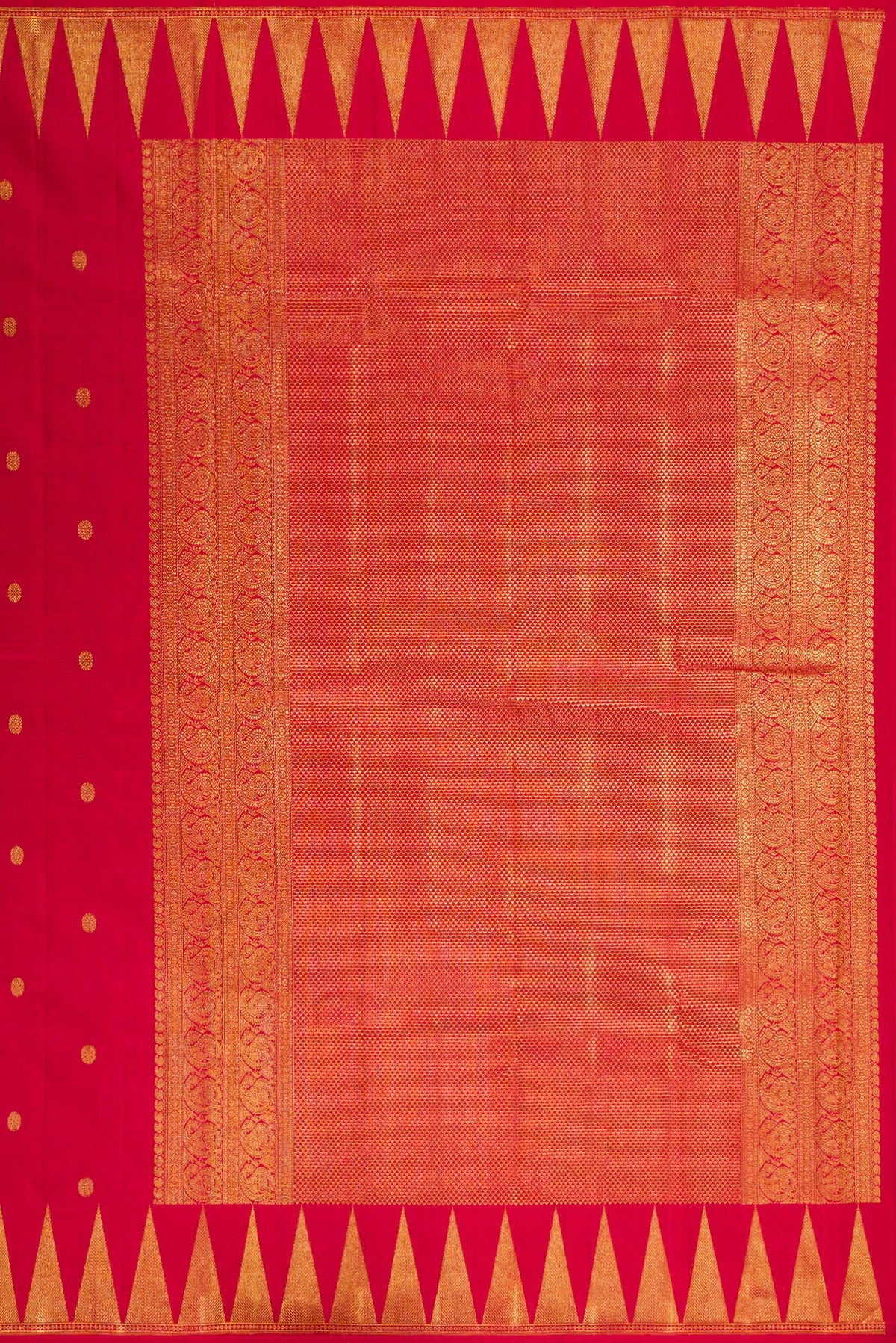 Close up image of the pallu of Pure Silk Red Kanjivaram Saree with Zari Butta on the body and Temple Border. 