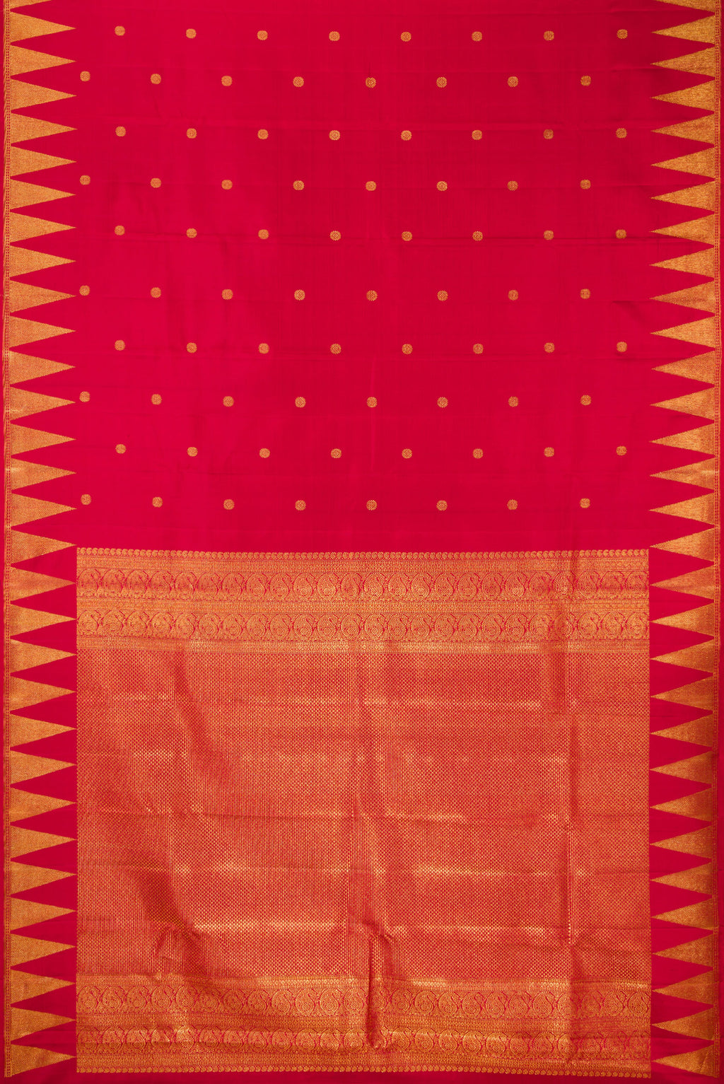 Flat view of Pure Silk Red Kanjivaram Saree with Zari Butta on the body and Temple Border. 