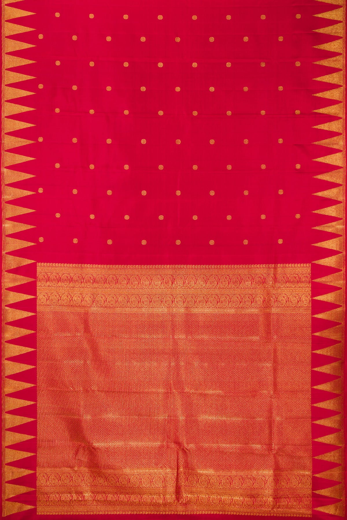Flat view of Pure Silk Red Kanjivaram Saree with Zari Butta on the body and Temple Border. 