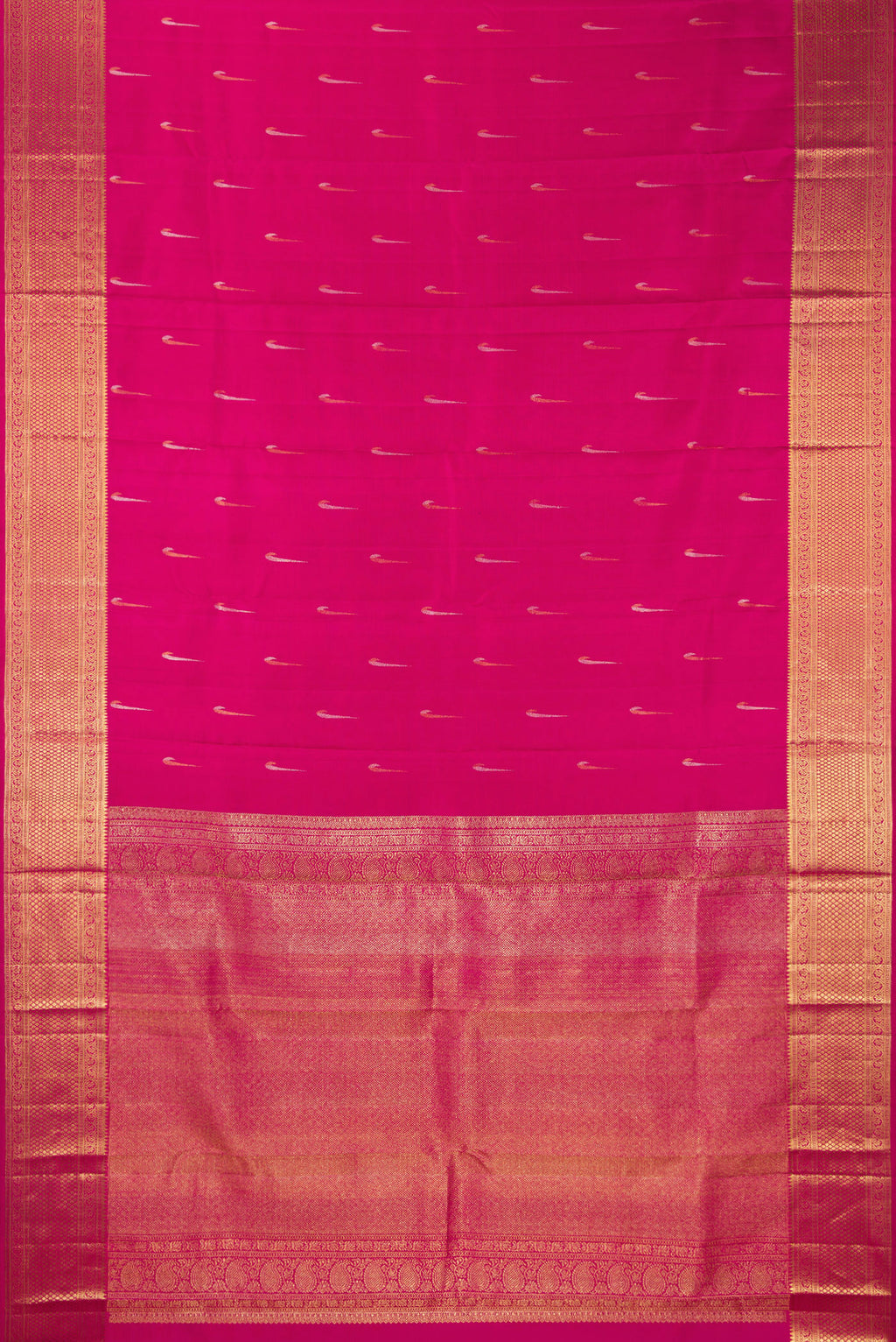Flat view of Pure Silk Rani Pink Kanchipuram Saree with Zari Butta on the body and Zari Border. 