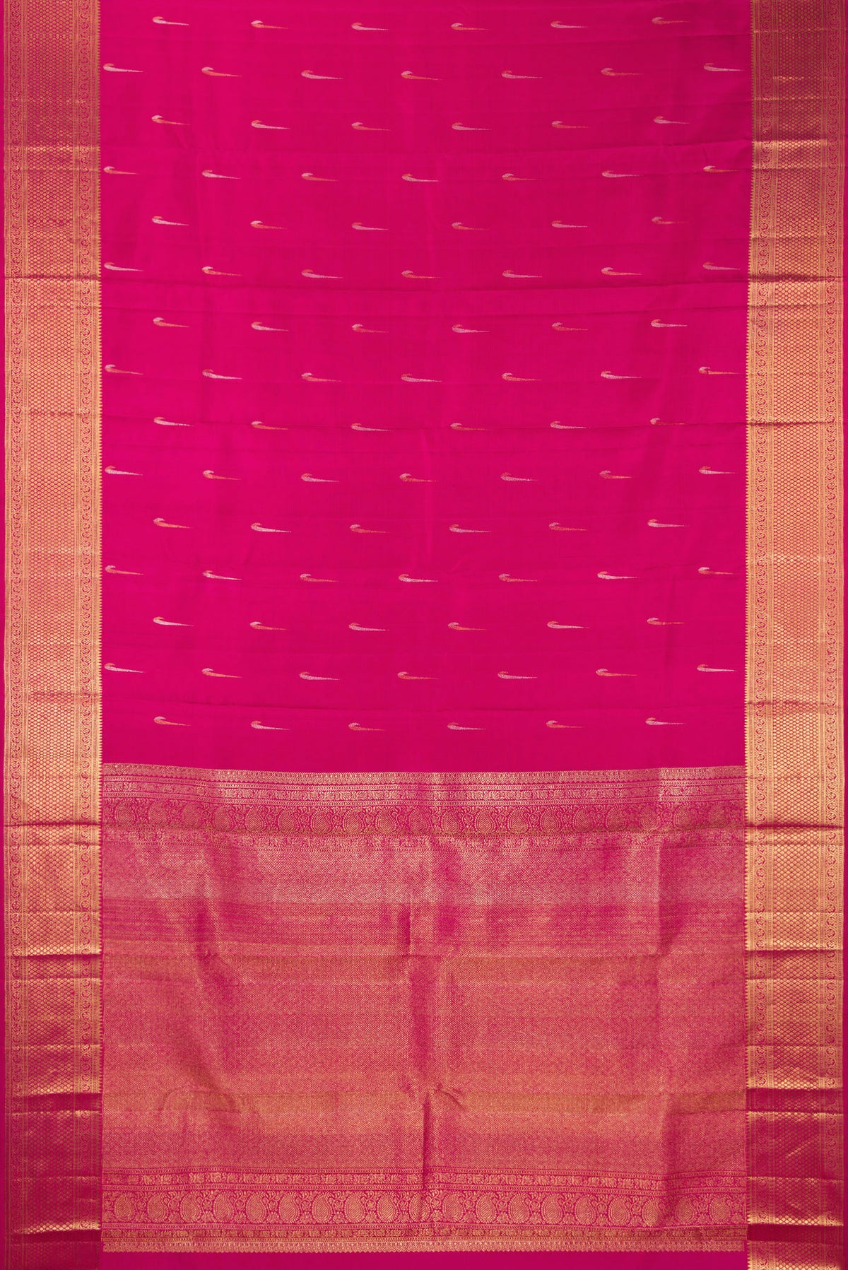Flat view of Pure Silk Rani Pink Kanchipuram Saree with Zari Butta on the body and Zari Border. 