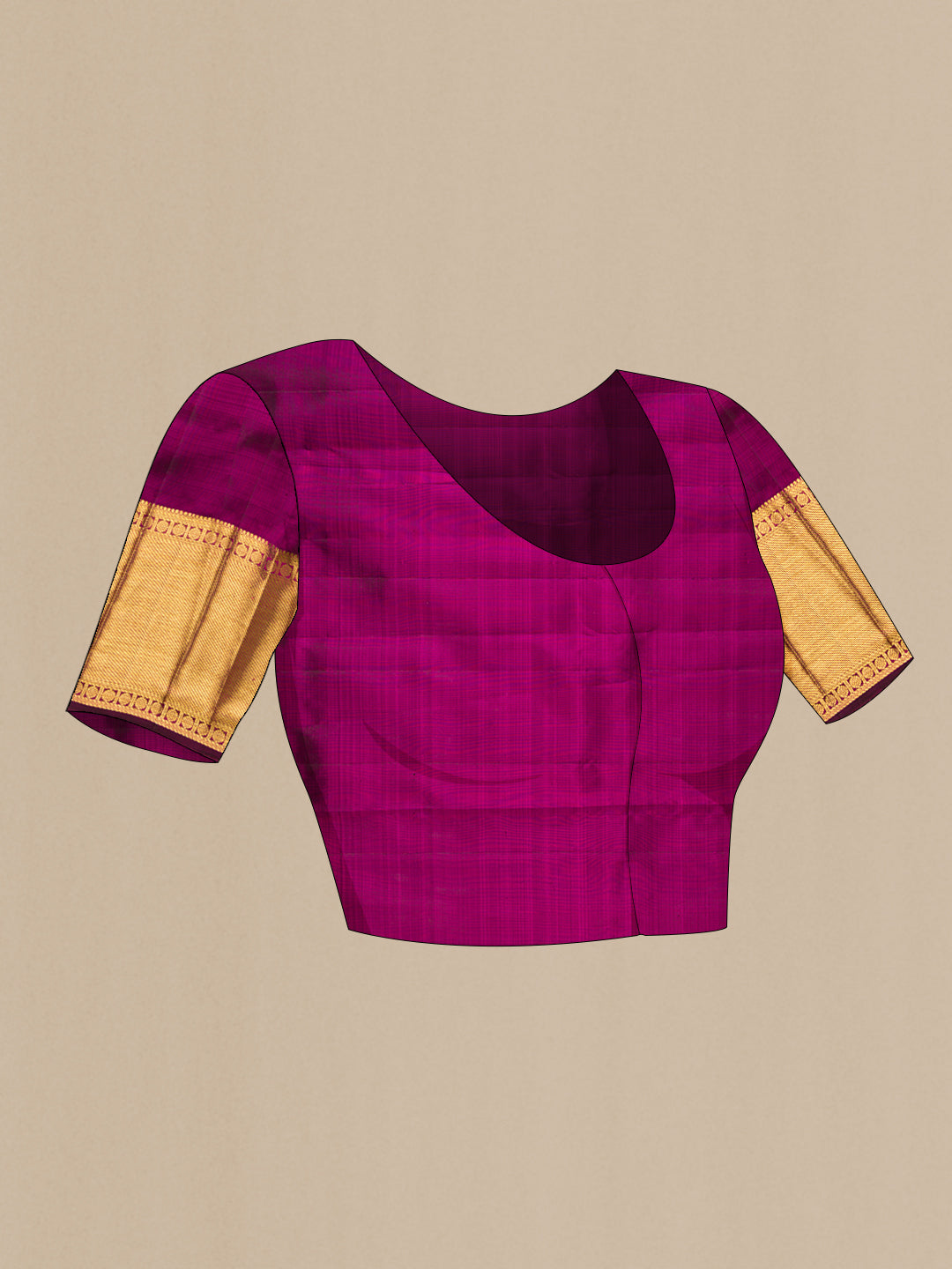 Close up image of the blouse of Magenta Dual Tone Kanchipuram Silk Saree with Zari Brocade on the body and Zari Border. 