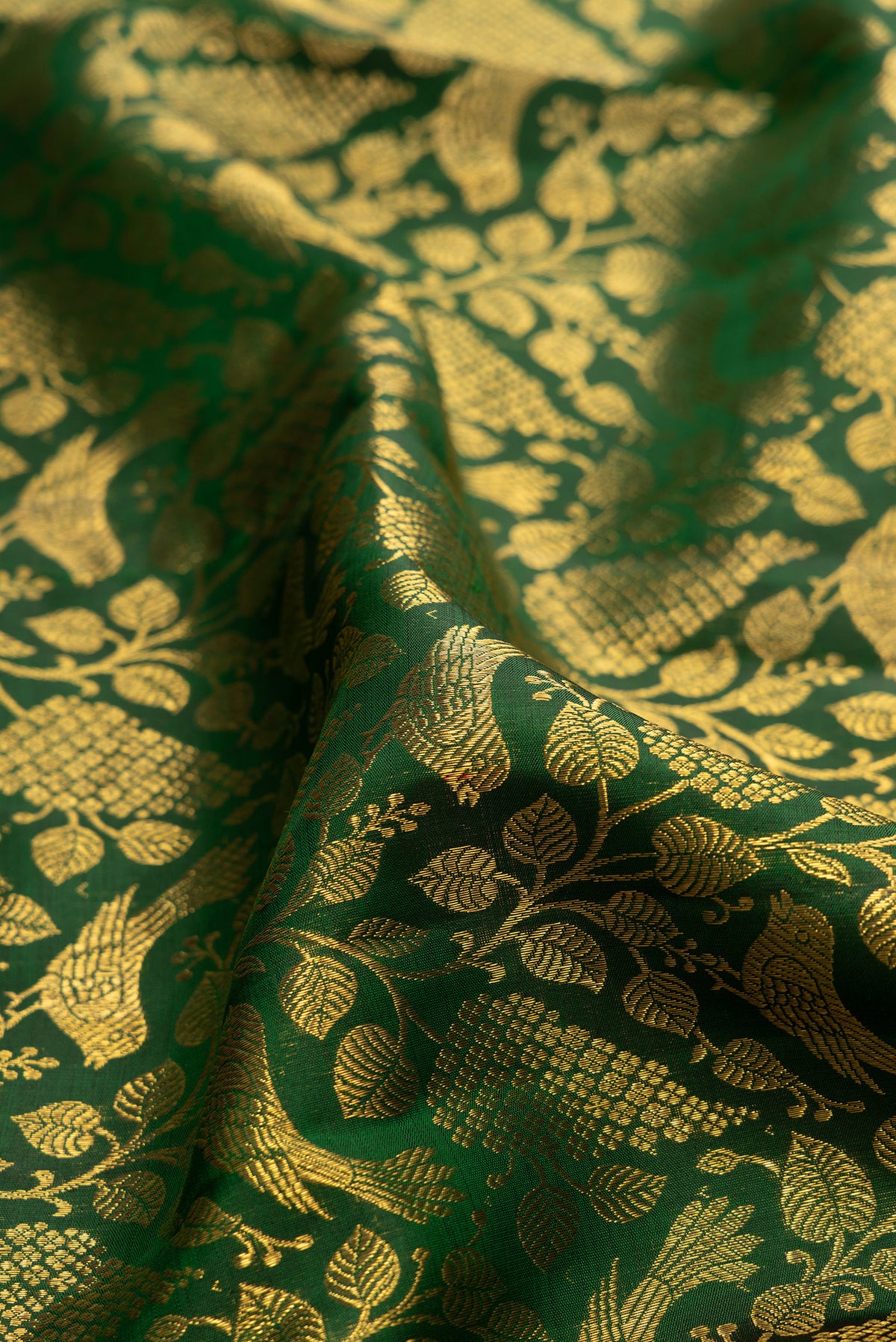 Close up of Pure Silk Bottle Green Kanchipuram Saree with Zari Brocade on the body and Zari Border.  displaying folds