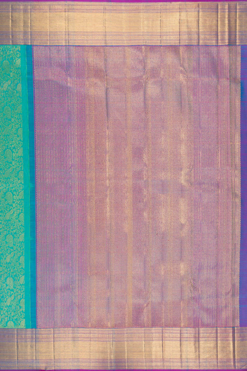 Close up image of the pallu of Sea Green Dual Tone Kanchipuram Silk Saree with Zari Brocade on the body and Zari Border. 