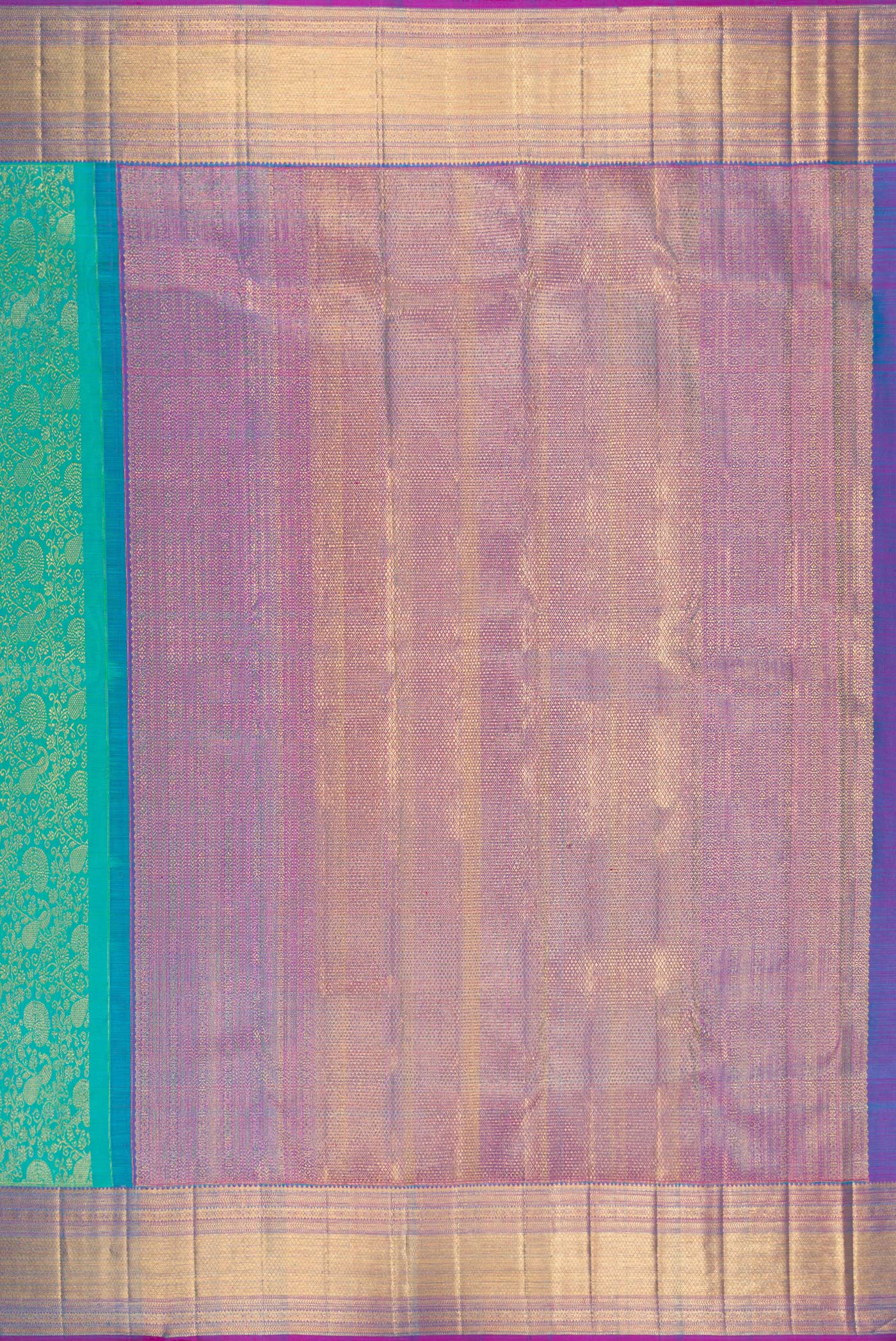 Close up image of the pallu of Sea Green Dual Tone Kanchipuram Silk Saree with Zari Brocade on the body and Zari Border. 
