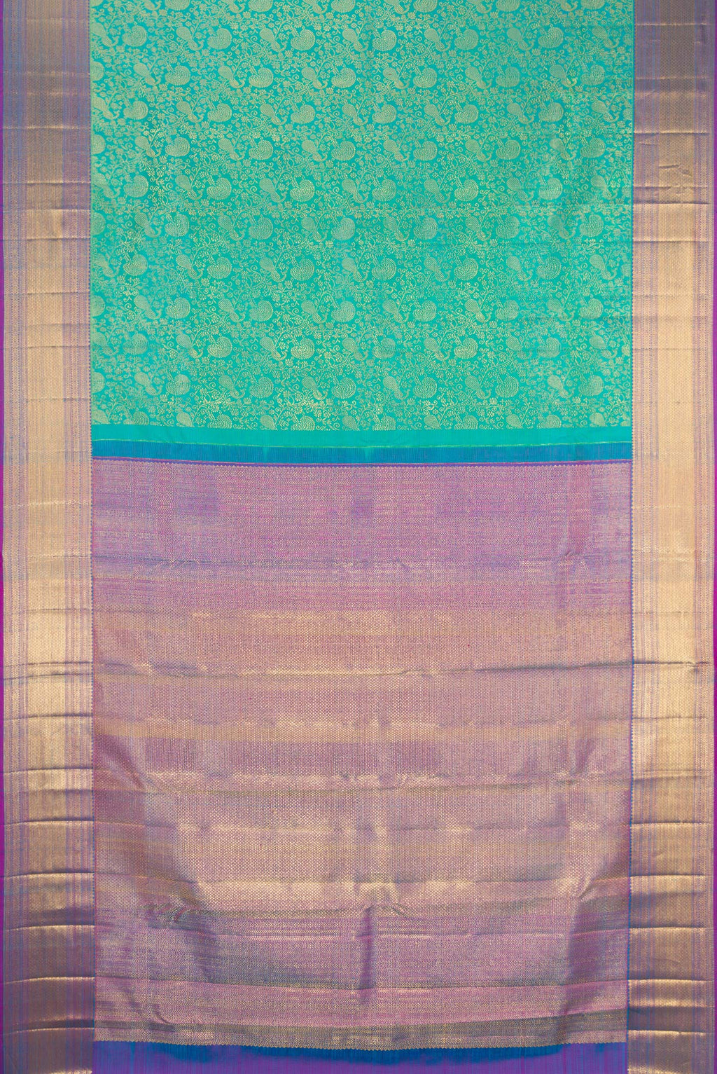 Flat view of Sea Green Dual Tone Kanchipuram Silk Saree with Zari Brocade on the body and Zari Border. 