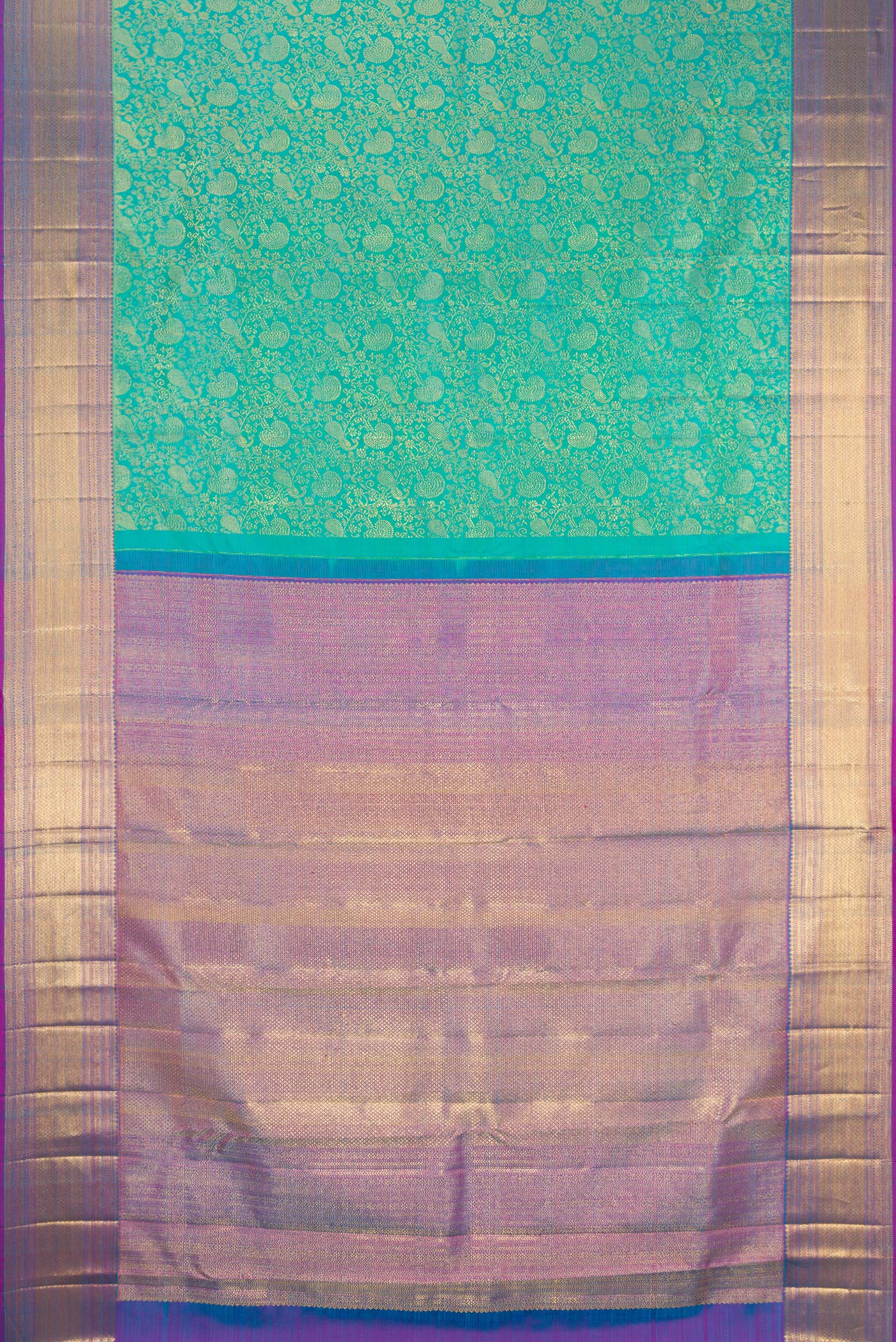 Flat view of Sea Green Dual Tone Kanchipuram Silk Saree with Zari Brocade on the body and Zari Border. 