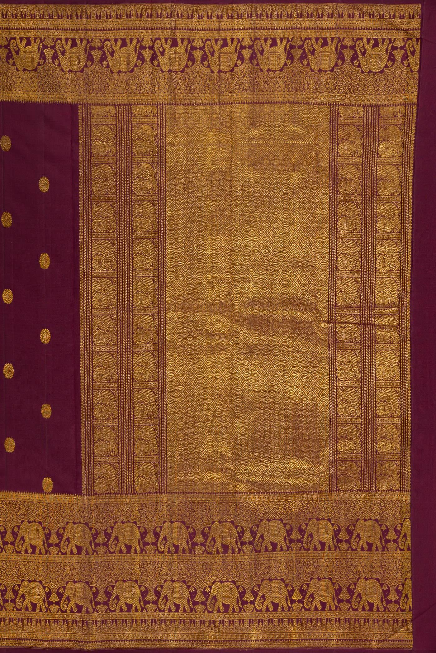 Close up image of the pallu of Coffee Brown Kanchipuram Silk Saree with Zari Butta on the body and Fancy Border. 
