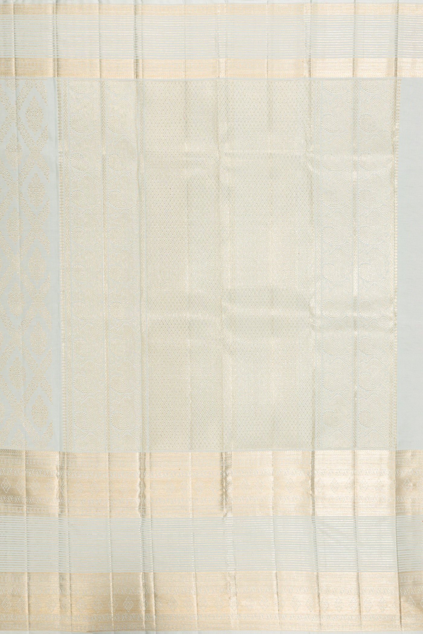 Close up image of the pallu of Light Blue Kanchipuram Silk Saree with Zari Brocade on the body and Fancy Border. 