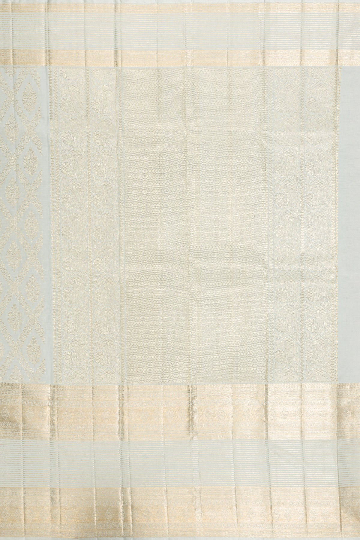 Close up image of the pallu of Light Blue Kanchipuram Silk Saree with Zari Brocade on the body and Fancy Border. 