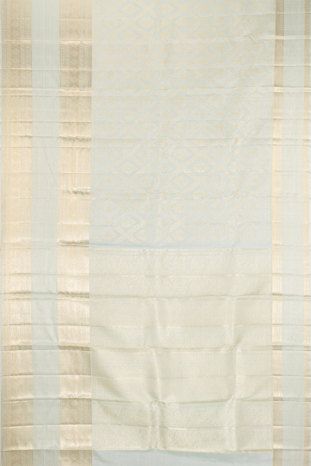 Flat view of Light Blue Kanchipuram Silk Saree with Zari Brocade on the body and Fancy Border. 