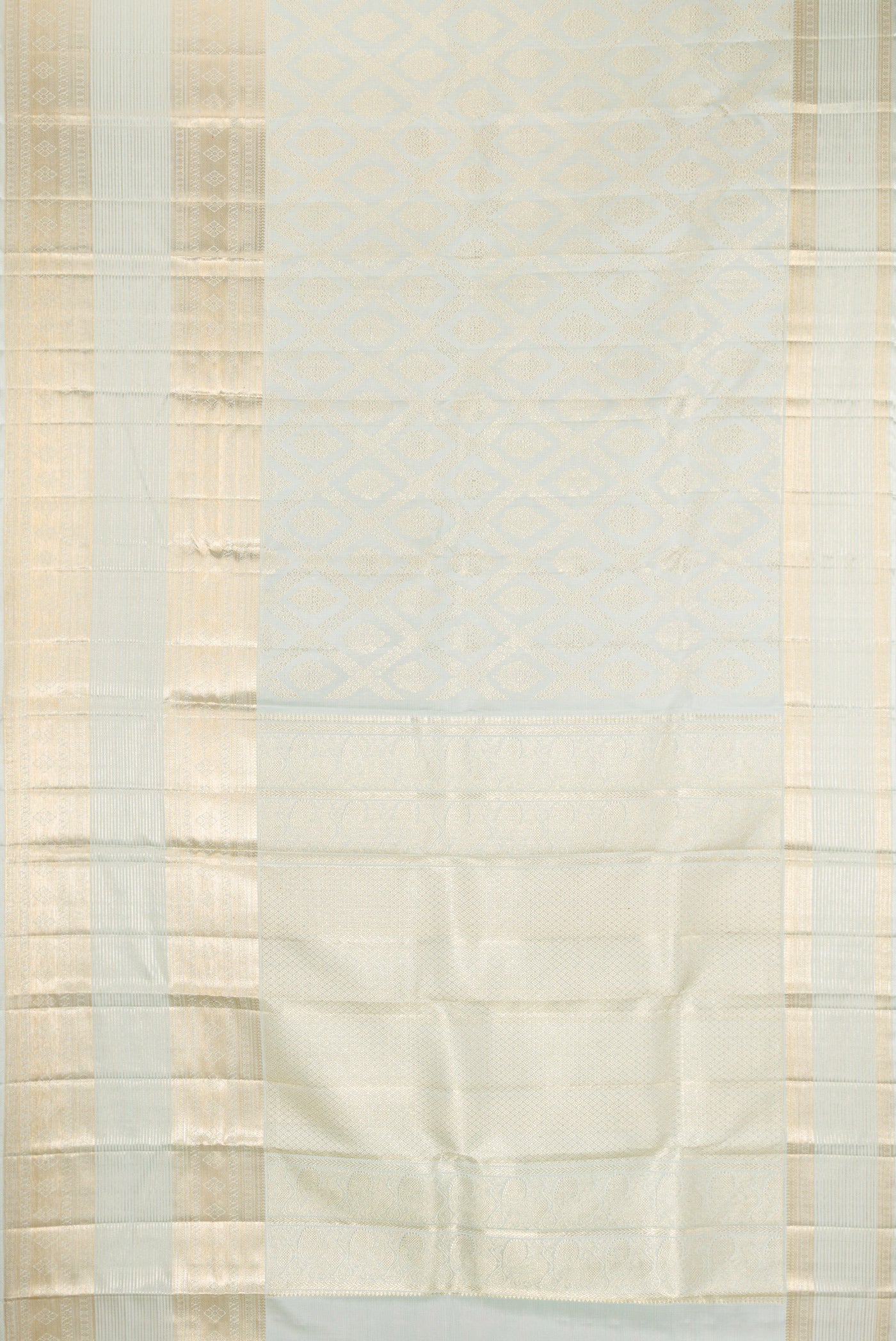 Flat view of Light Blue Kanchipuram Silk Saree with Zari Brocade on the body and Fancy Border. 