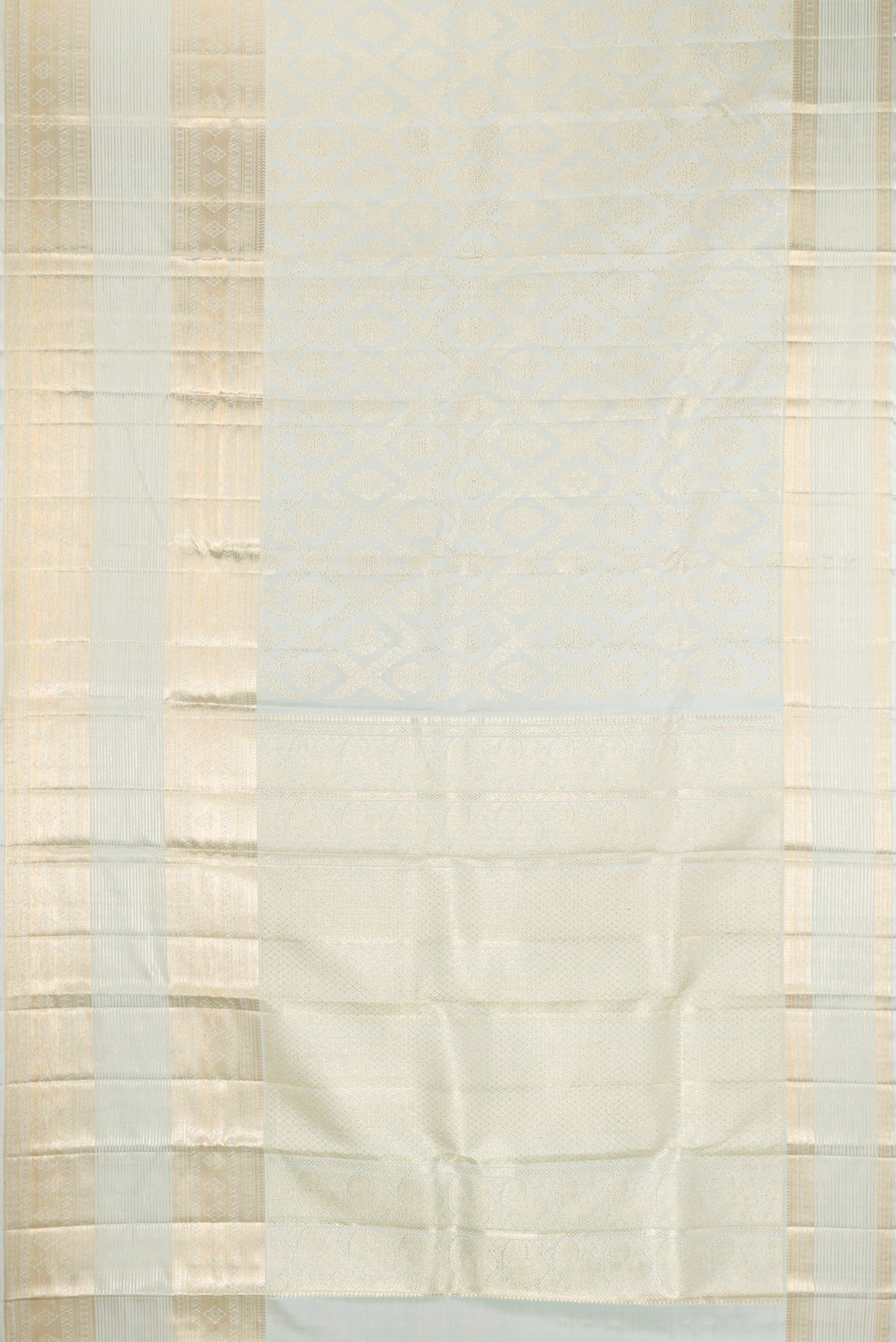 Flat view of Light Blue Kanchipuram Silk Saree with Zari Brocade on the body and Fancy Border. 