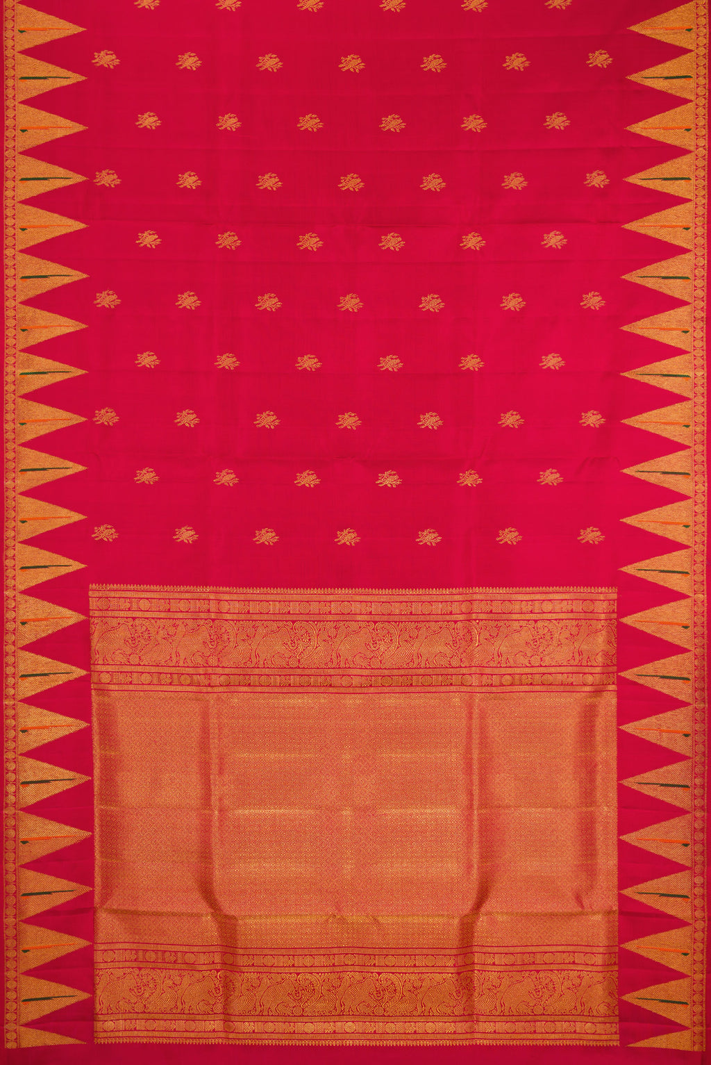 Flat view of Maroon Kanchipuram Silk Saree with Zari Butta on the body and Paithani Border. 