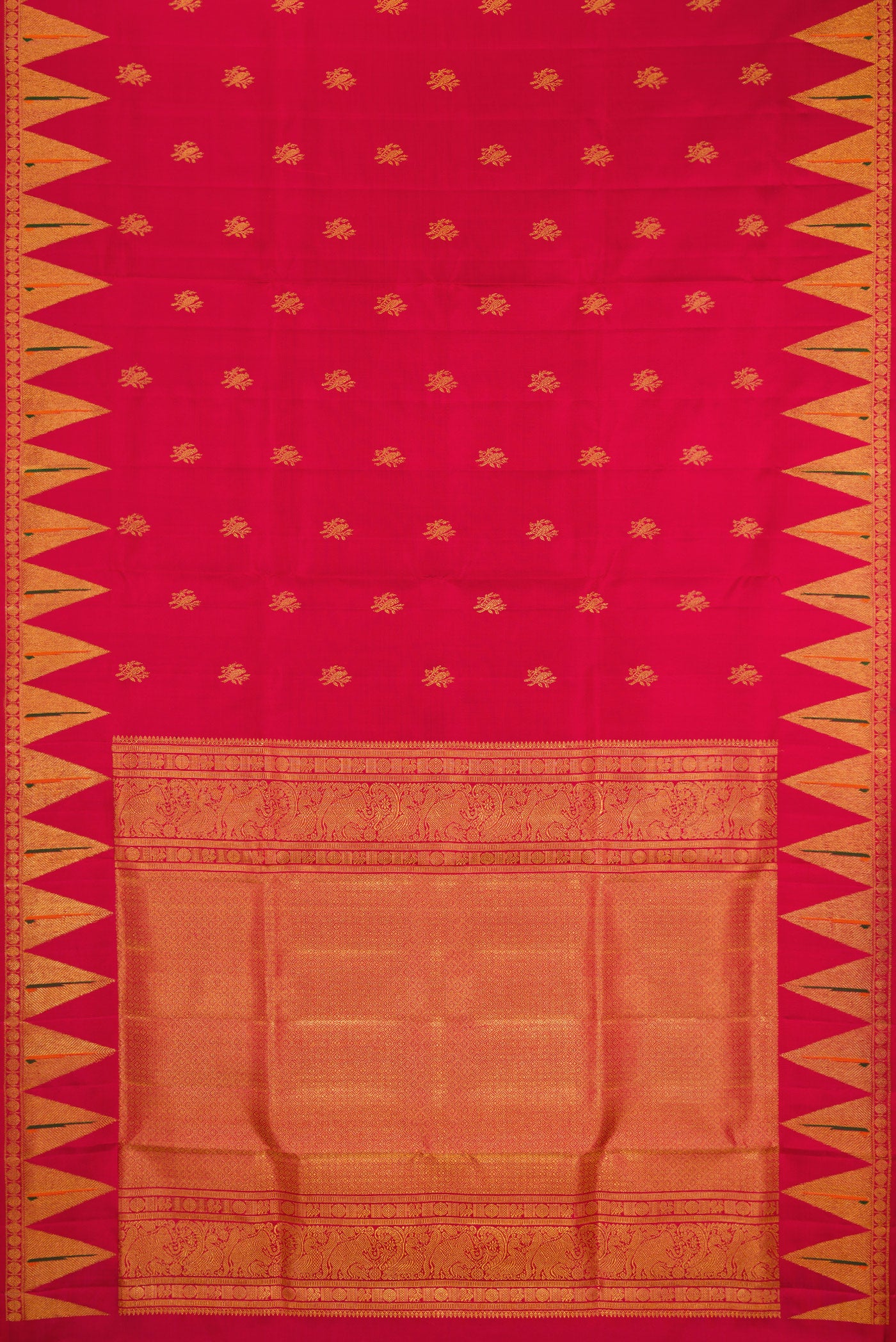 Flat view of Maroon Kanchipuram Silk Saree with Zari Butta on the body and Paithani Border. 