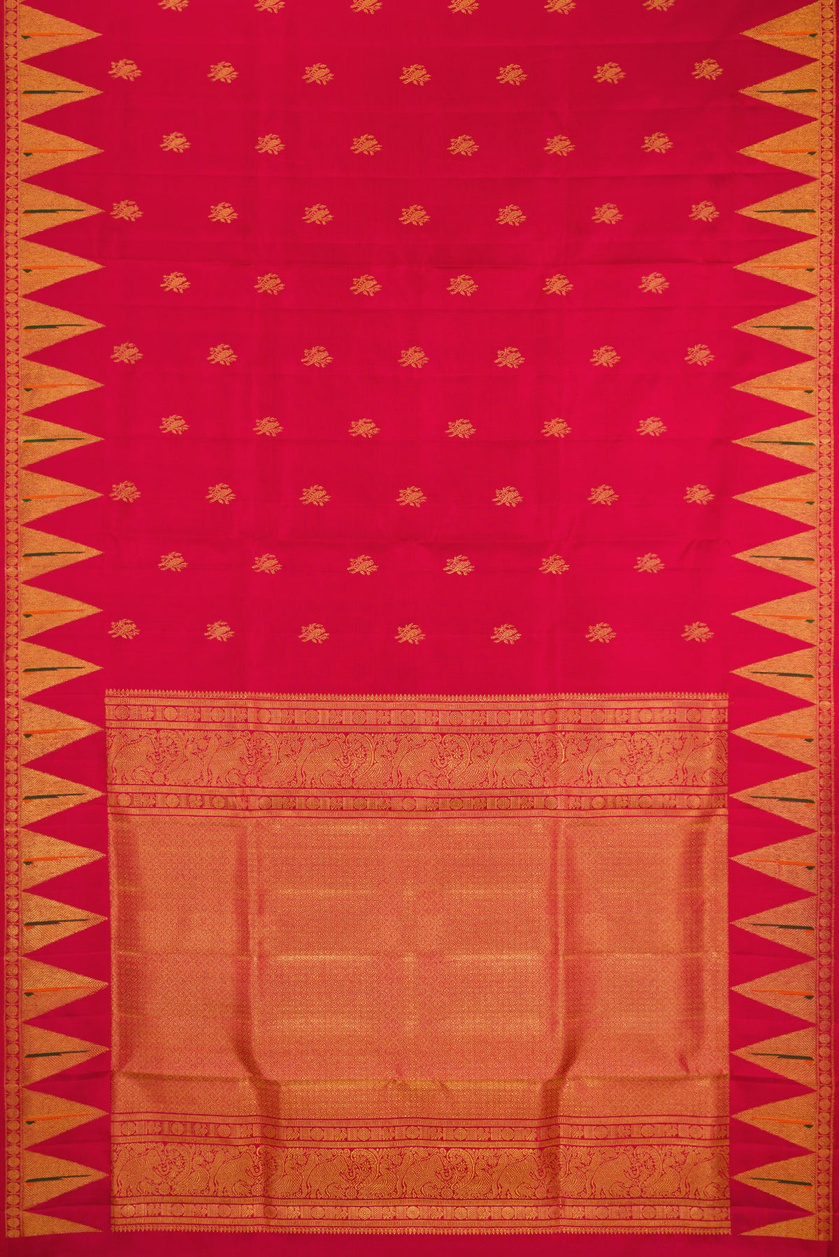 Flat view of Maroon Kanchipuram Silk Saree with Zari Butta on the body and Paithani Border. 