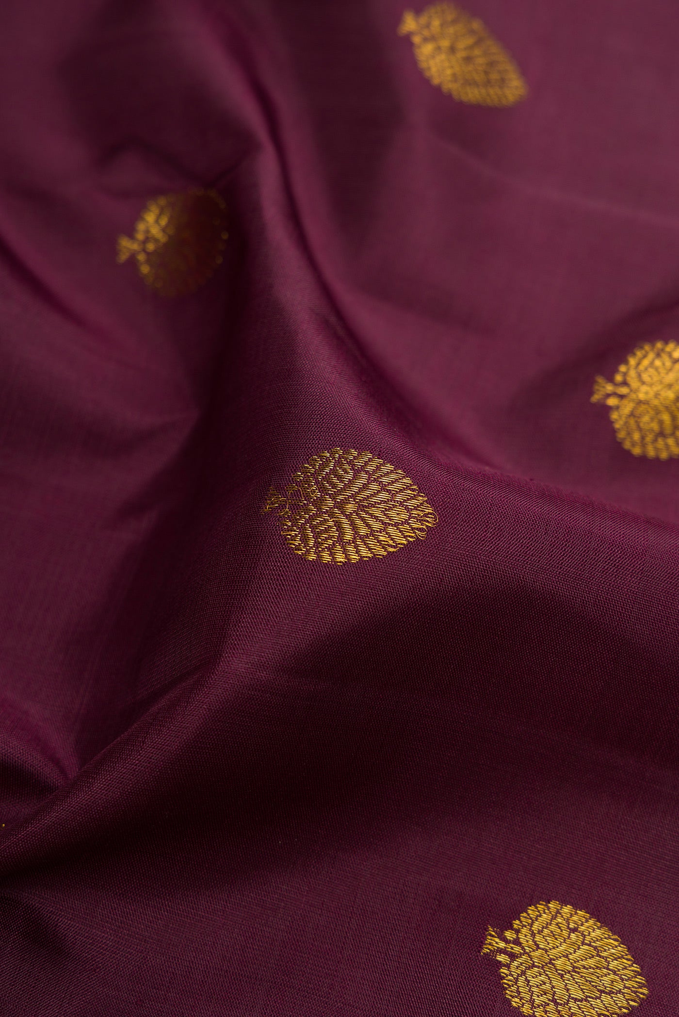 Close up of Coffee Brown Kanchipuram Silk Saree with Zari Butta on the body and Fancy Border.  displaying folds