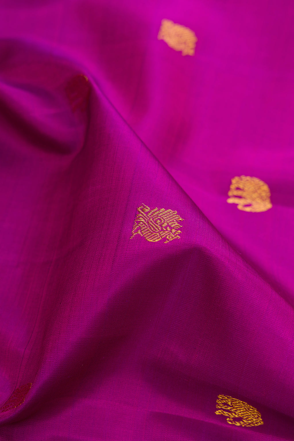 Close up of Magenta Kanchipuram Silk Saree with Zari Butta on the body and Paithani Border.  displaying folds
