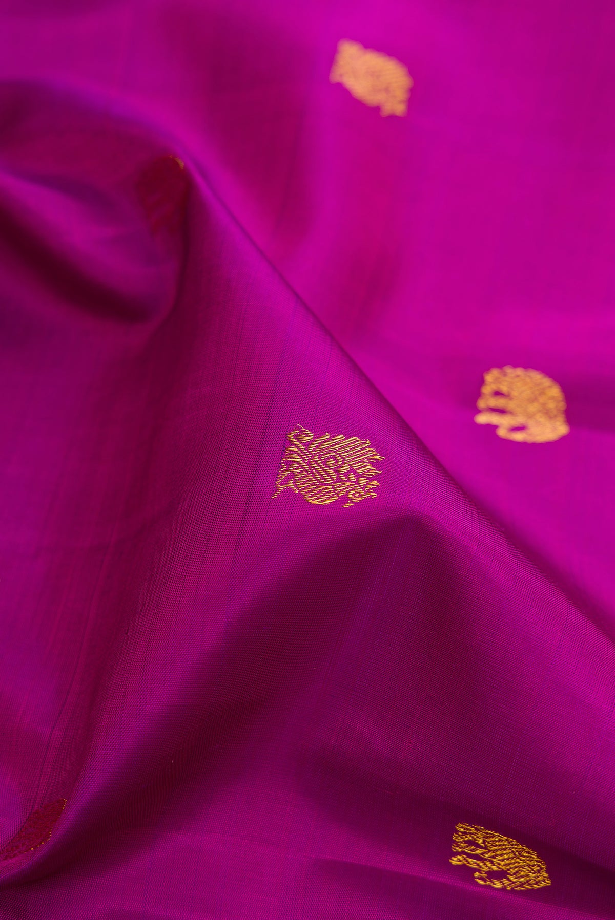 Close up of Magenta Kanchipuram Silk Saree with Zari Butta on the body and Paithani Border.  displaying folds