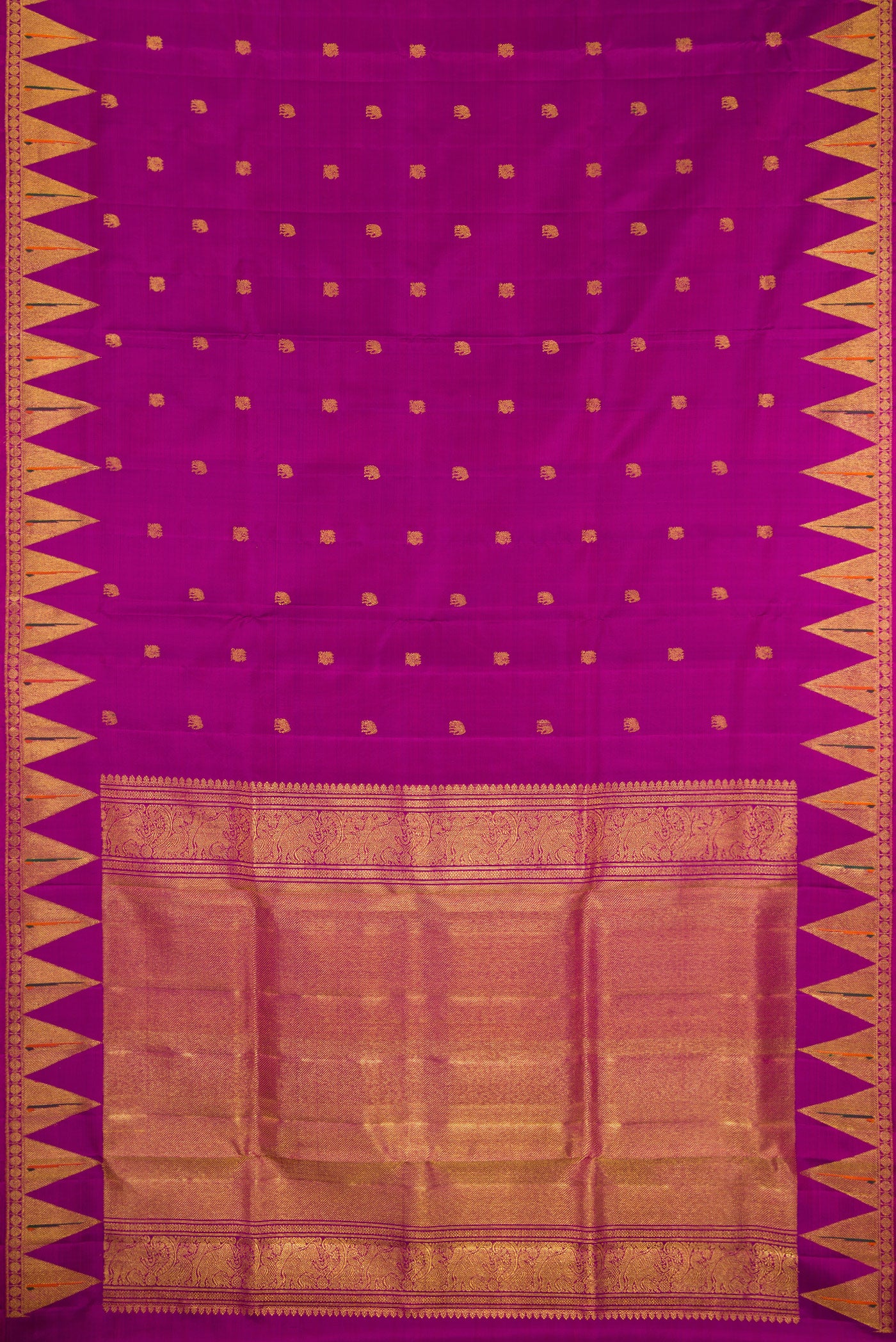Flat view of Magenta Kanchipuram Silk Saree with Zari Butta on the body and Paithani Border. 