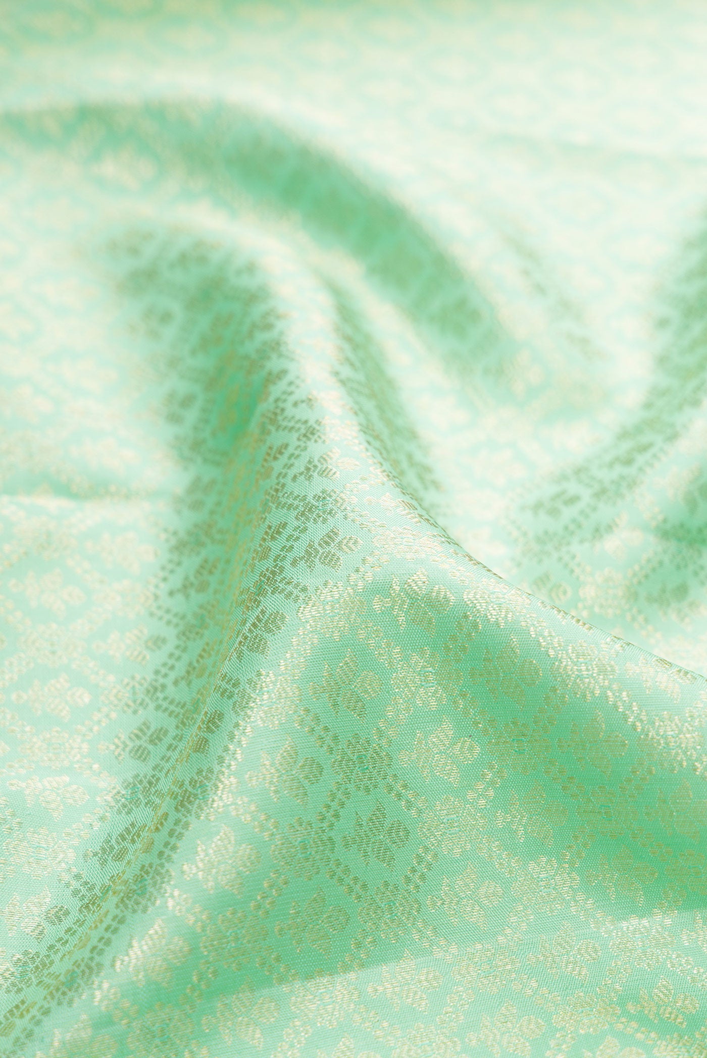 Close up of Pista Green Kanchipuram Silk Saree with Zari Brocade on the body and Zari Border.  displaying folds