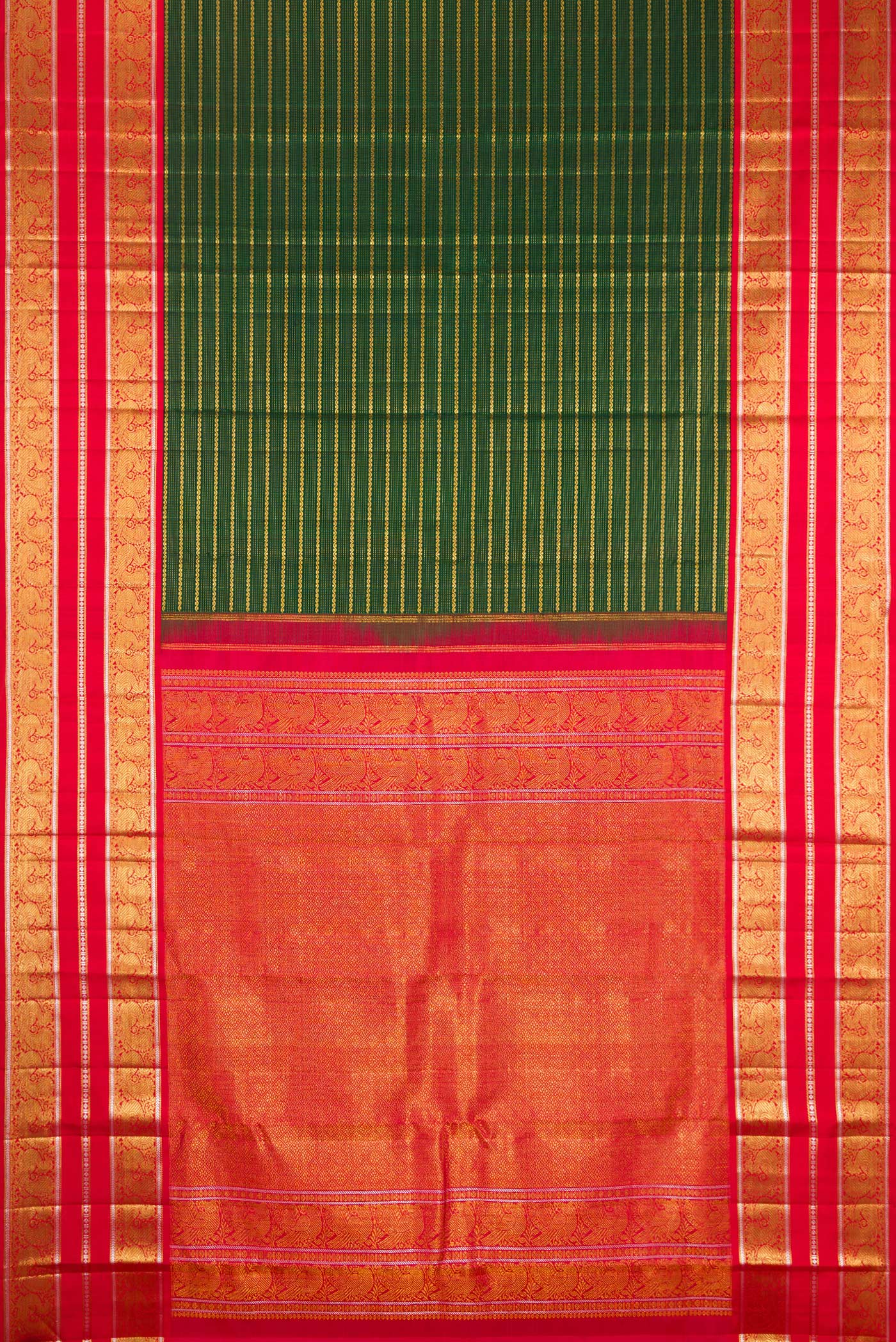 Flat view of Bottle Green Kanchipuram Silk Saree with Veldhari on the body and Zari Border. 