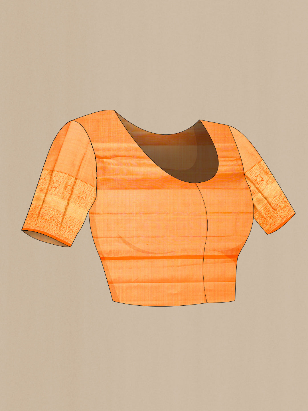 Close up image of the blouse of Orange Dual Tone Kanjivaram Tissue Saree with Zari Brocade on the body and Fancy Border. 