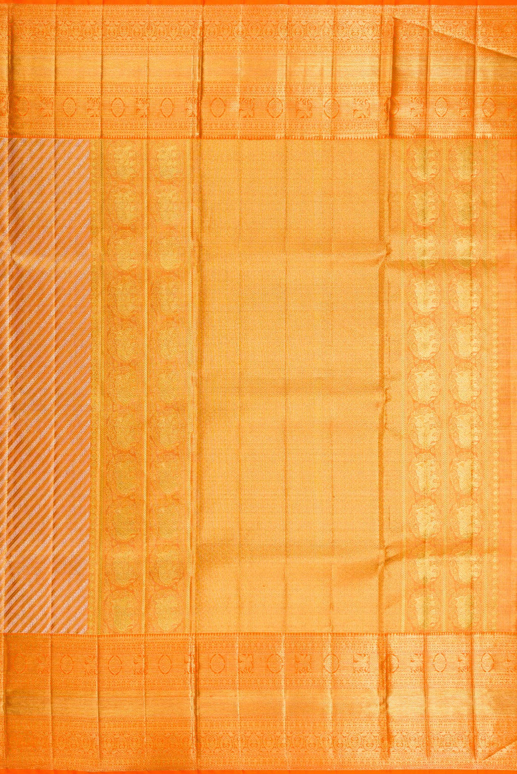 Close up image of the pallu of Orange Dual Tone Kanjivaram Tissue Saree with Zari Brocade on the body and Fancy Border. 
