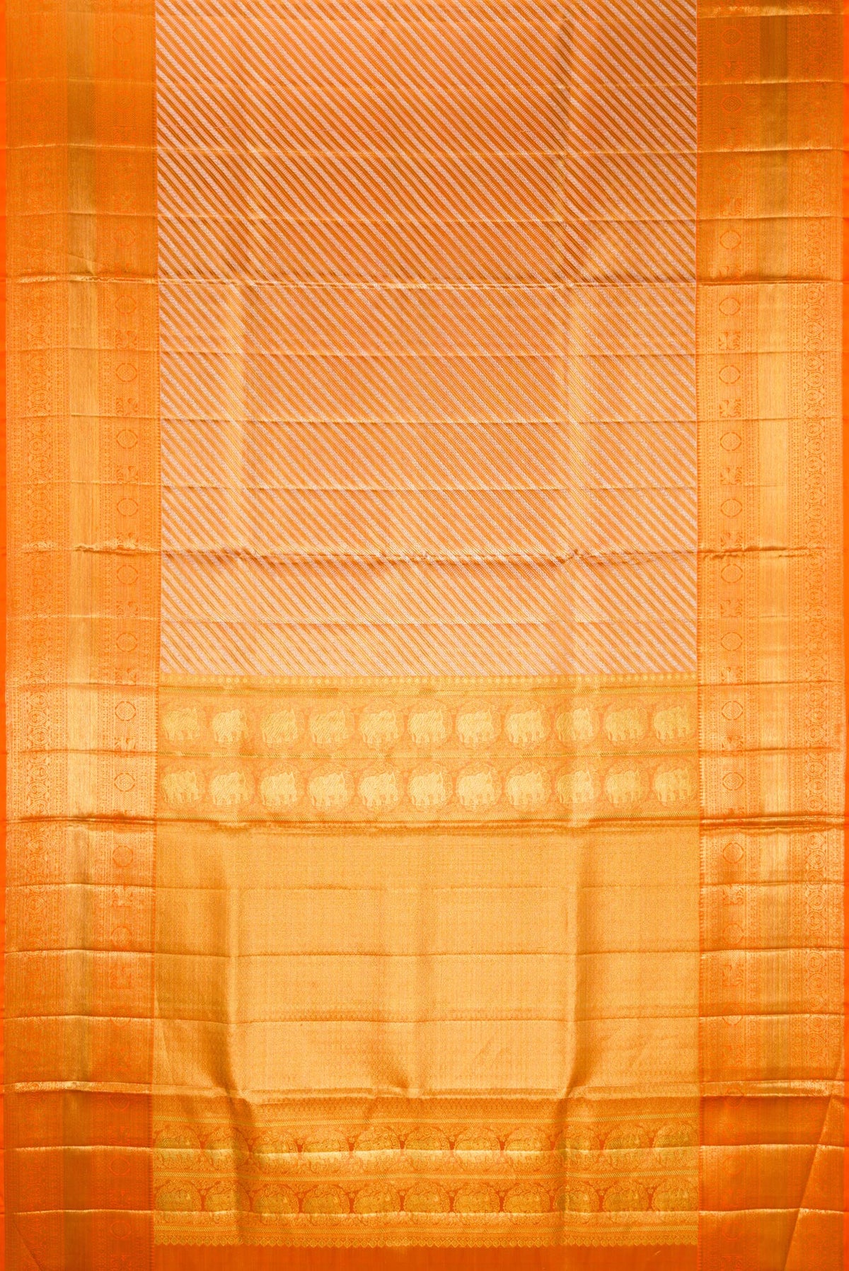Flat view of Orange Dual Tone Kanjivaram Tissue Saree with Zari Brocade on the body and Fancy Border. 