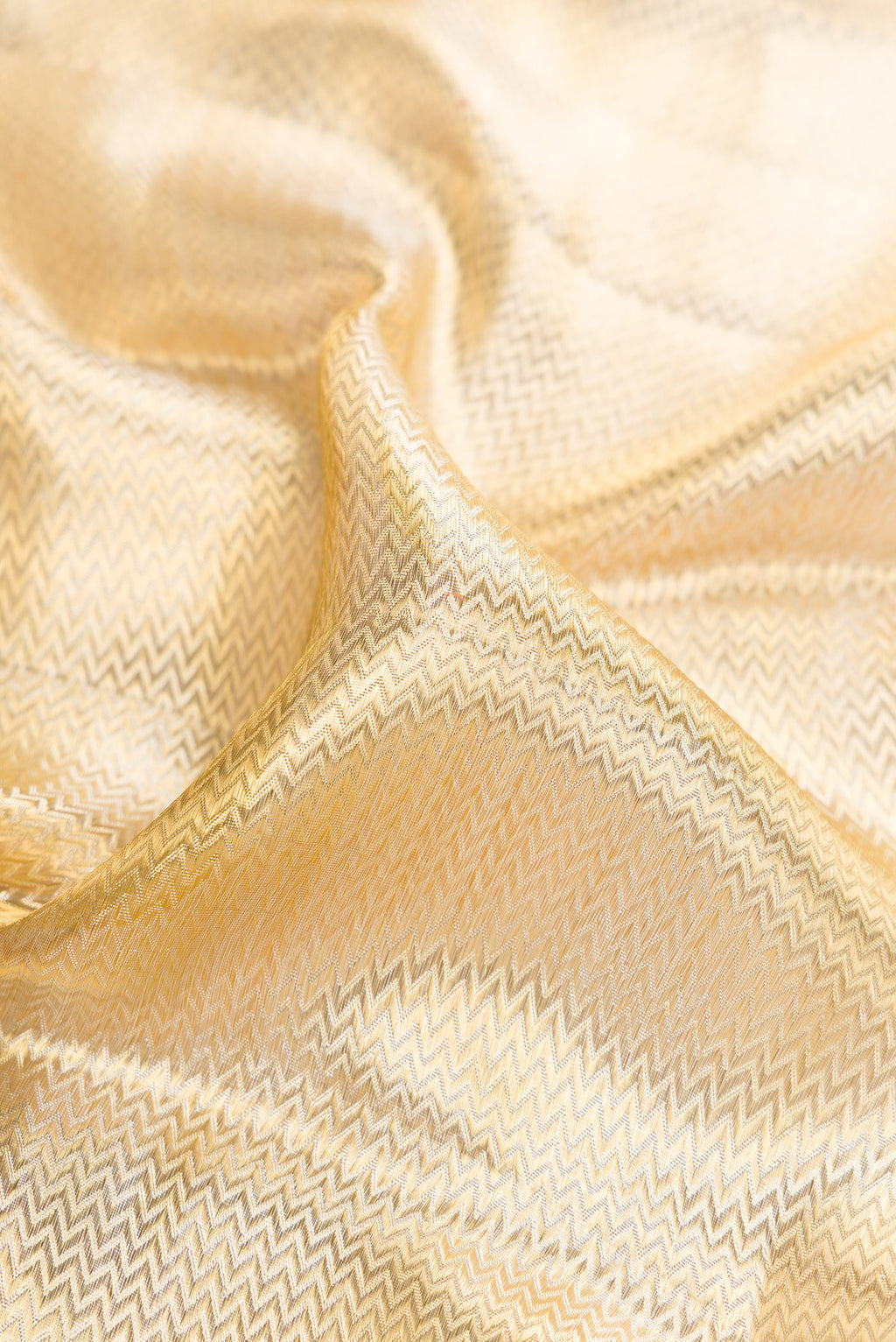 Close up of Gold Dual Tone Kanjivaram Tissue Saree with Zari Brocade on the body and Fancy Border.  displaying folds