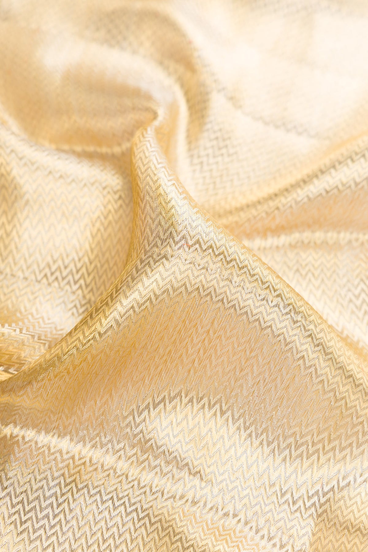 Close up of Gold Dual Tone Kanjivaram Tissue Saree with Zari Brocade on the body and Fancy Border.  displaying folds