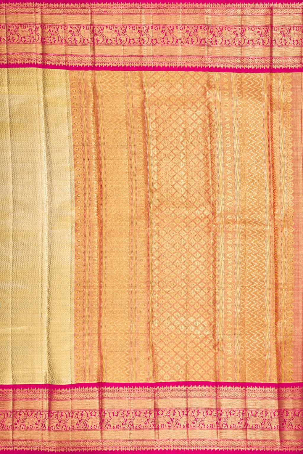 Close up image of the pallu of Gold Dual Tone Kanjivaram Tissue Saree with Zari Brocade on the body and Fancy Border. 