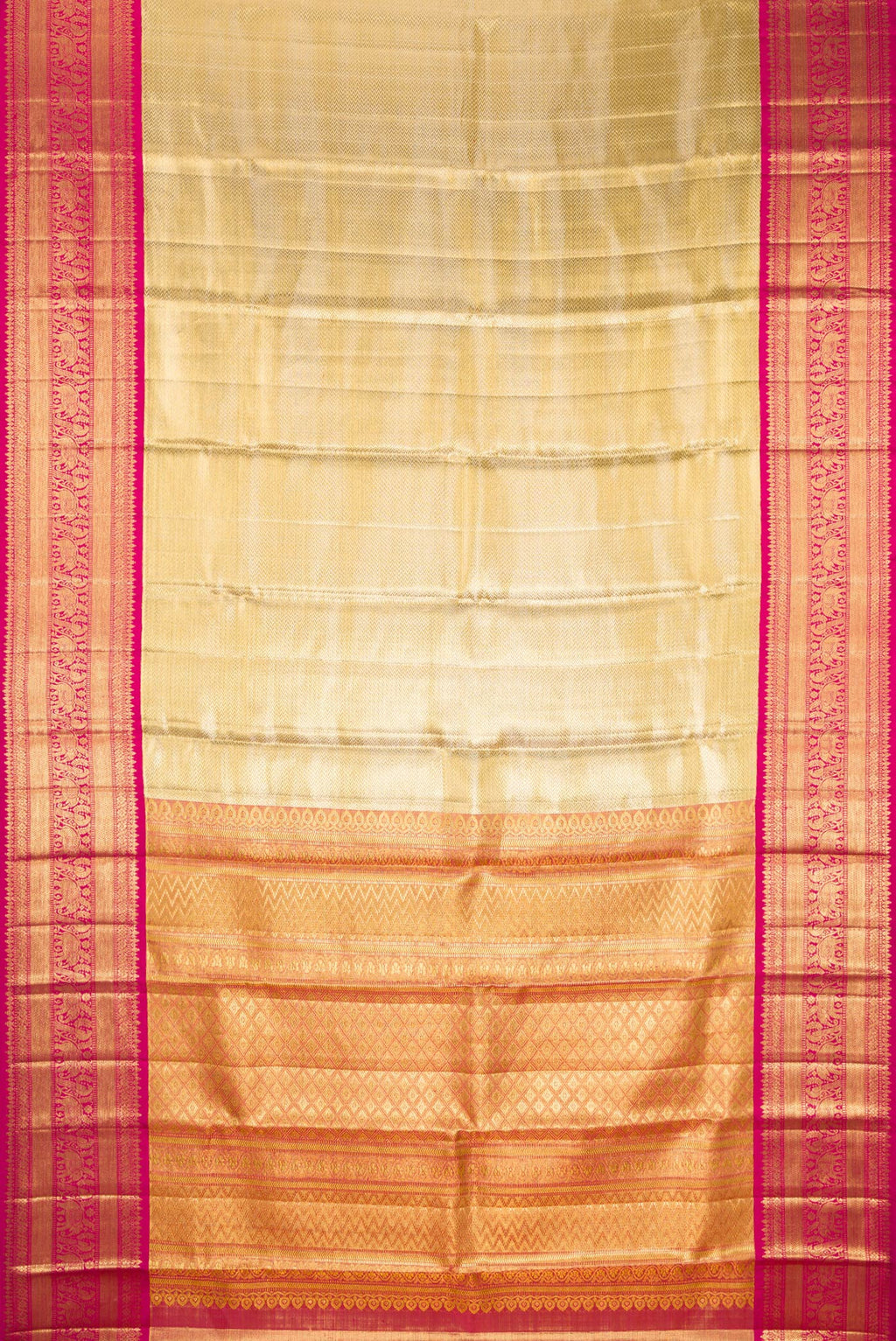 Flat view of Gold Dual Tone Kanjivaram Tissue Saree with Zari Brocade on the body and Fancy Border. 