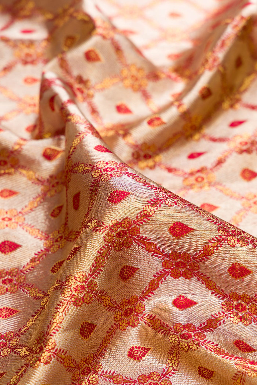 Close up of Gold Dual Tone Kanjivaram Tissue Saree with Zari Brocade on the body and Fancy Border.  displaying folds