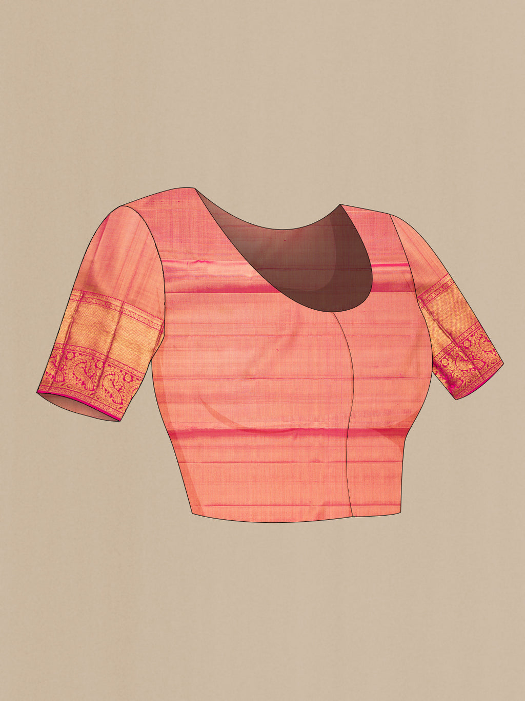 Close up image of the blouse of Gold Dual Tone Kanjivaram Tissue Saree with Zari Brocade on the body and Zari Border. 